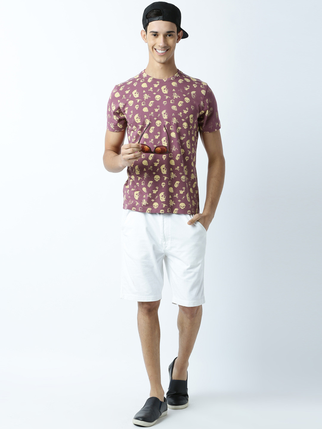 Huetrap Men Mauve Skull Print Round Neck T-shirt
