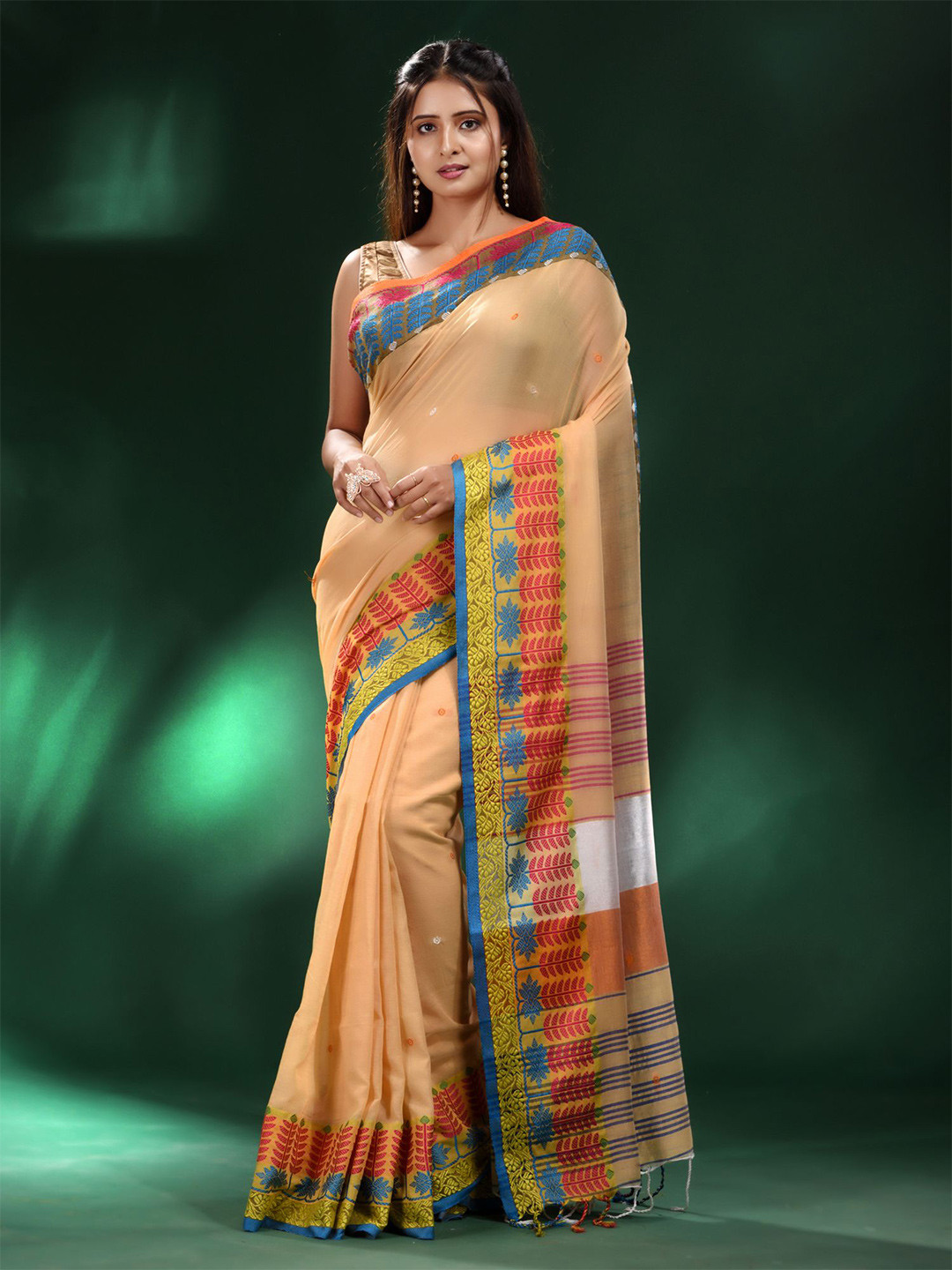 Charukriti Cream-Coloured & Red Woven Design Pure Cotton Saree