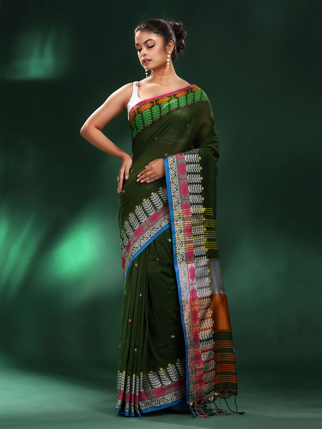 Charukriti Green & Red Floral Pure Cotton Saree