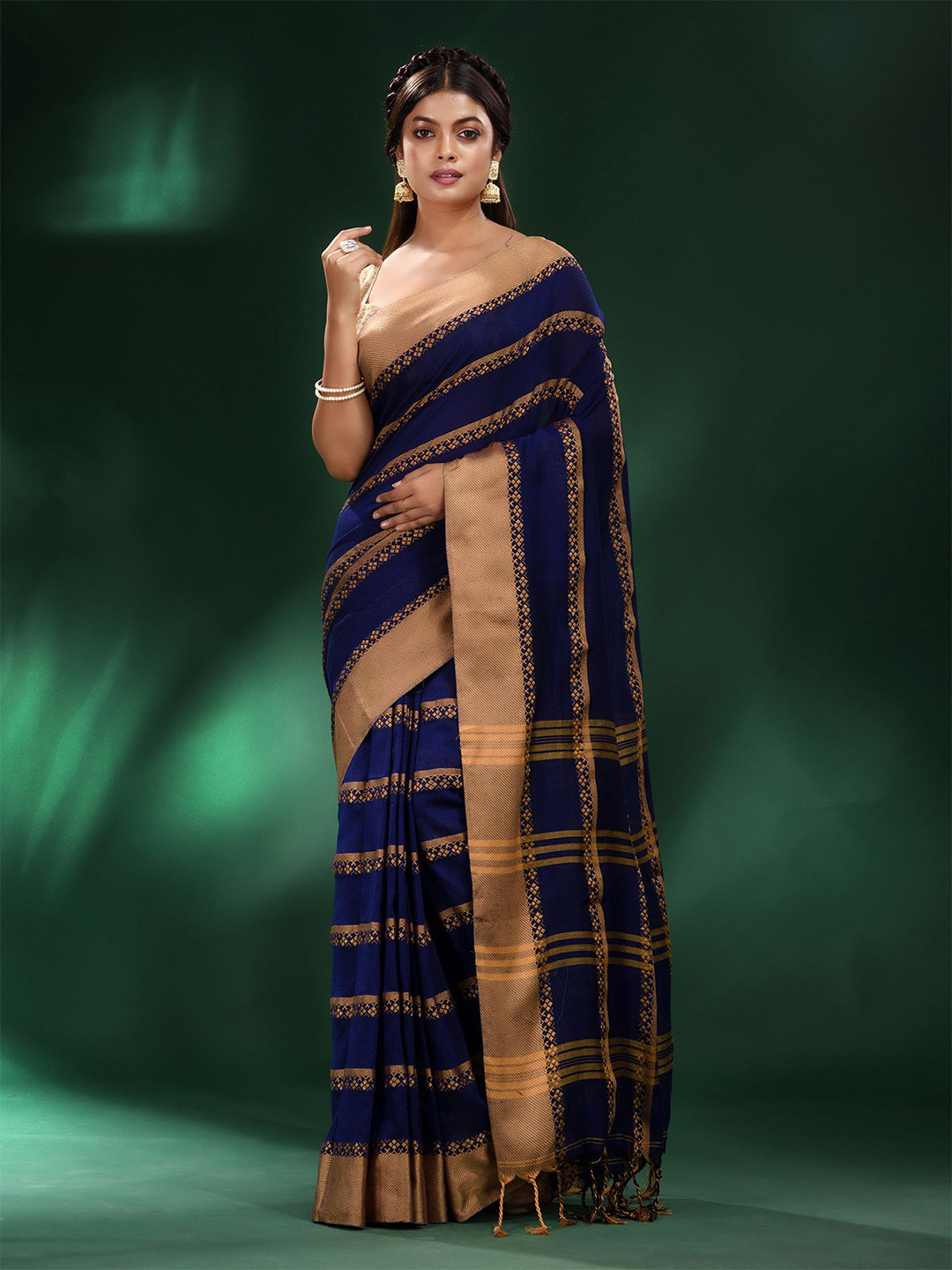 Charukriti Blue & Brown Woven Design Zari Pure Cotton Saree