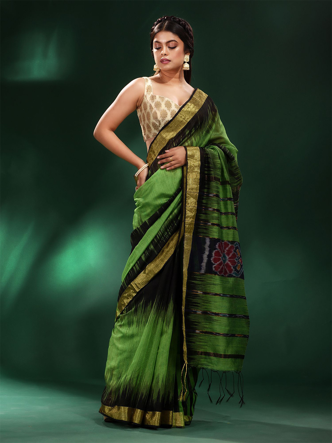 Charukriti Green & Black Woven Design Zari Saree With Unstitched Blouse Piece