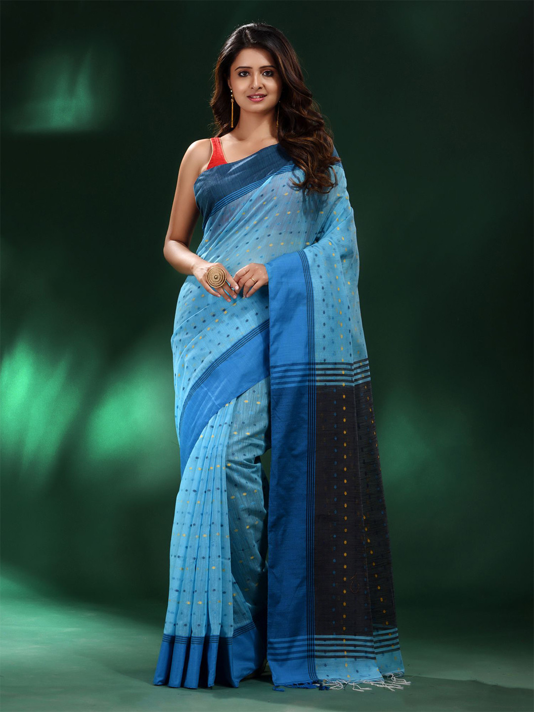 Charukriti Blue & Yellow Woven Design Pure Cotton Saree With Unstitched Blouse Piece