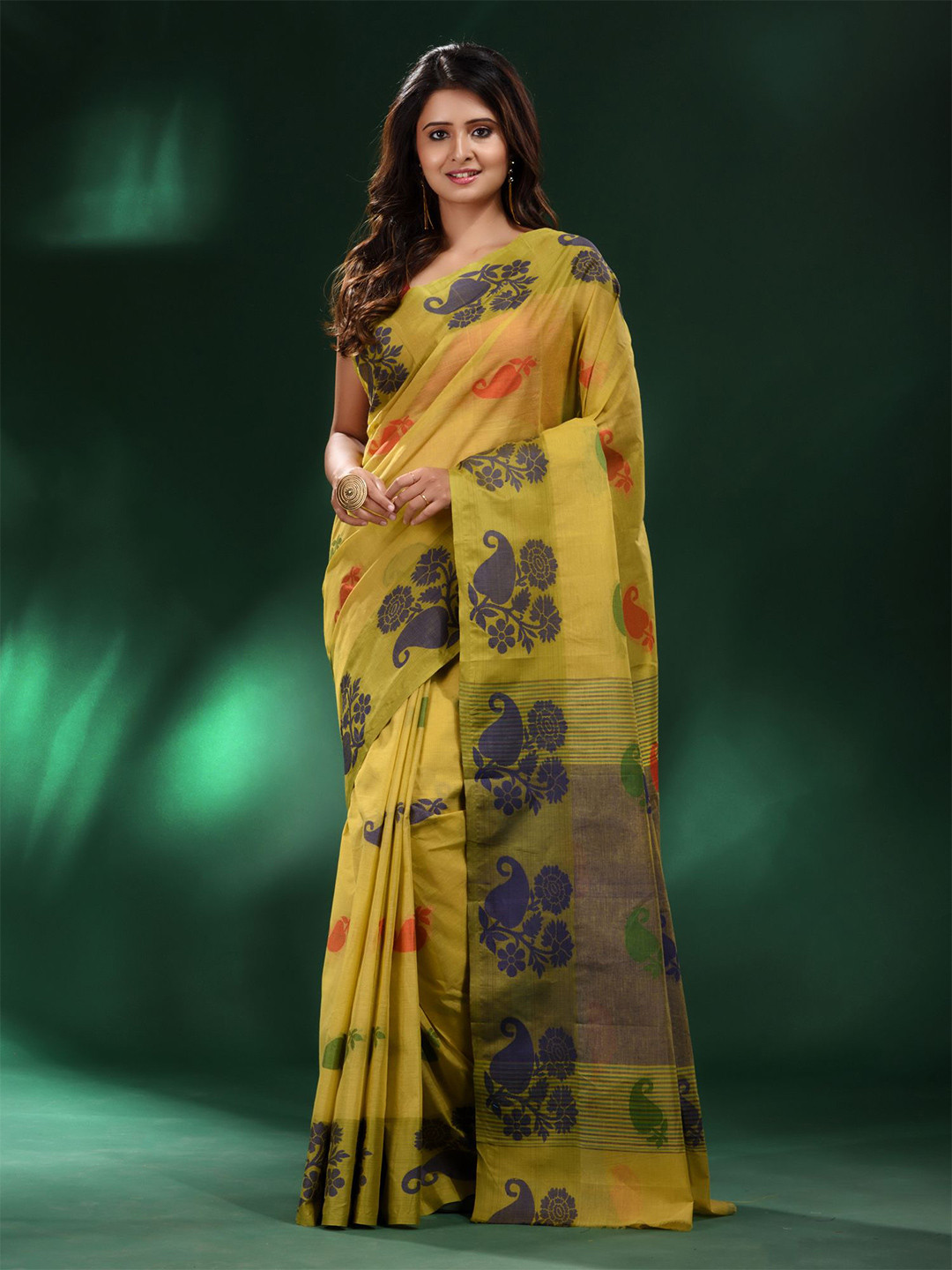 Charukriti Yellow & Blue Woven Design Pure Cotton Saree With Unstitched Blouse Piece