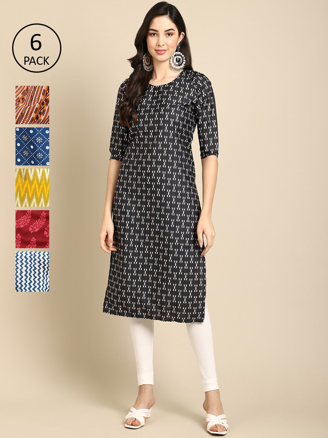 7Threads Women Pack of 6 Black & Mustard Yellow Geometric Printed Crepe Kurta