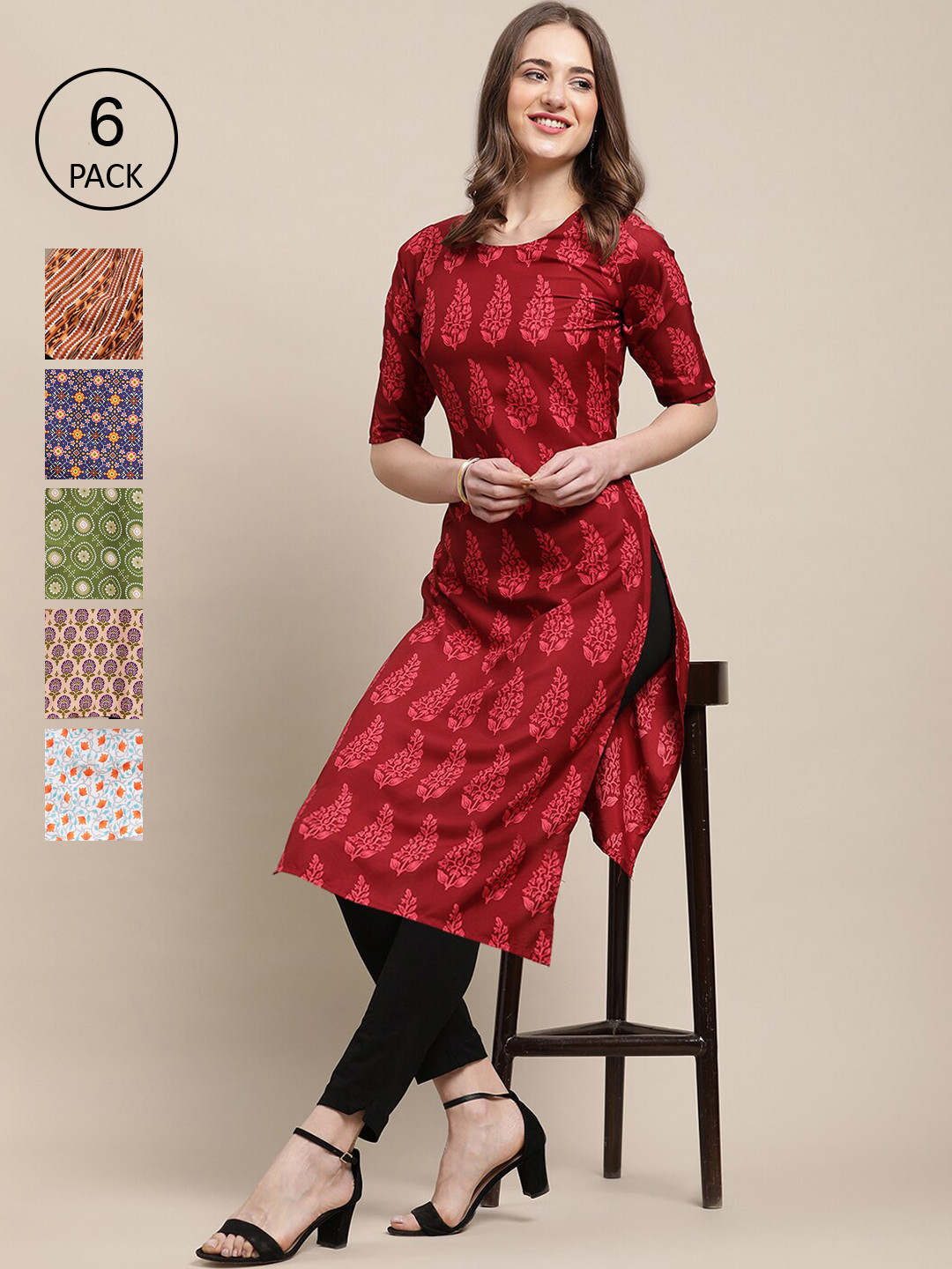 7Threads Women Red & Mustard Yellow Ethnic Motifs Printed Crepe Kurta