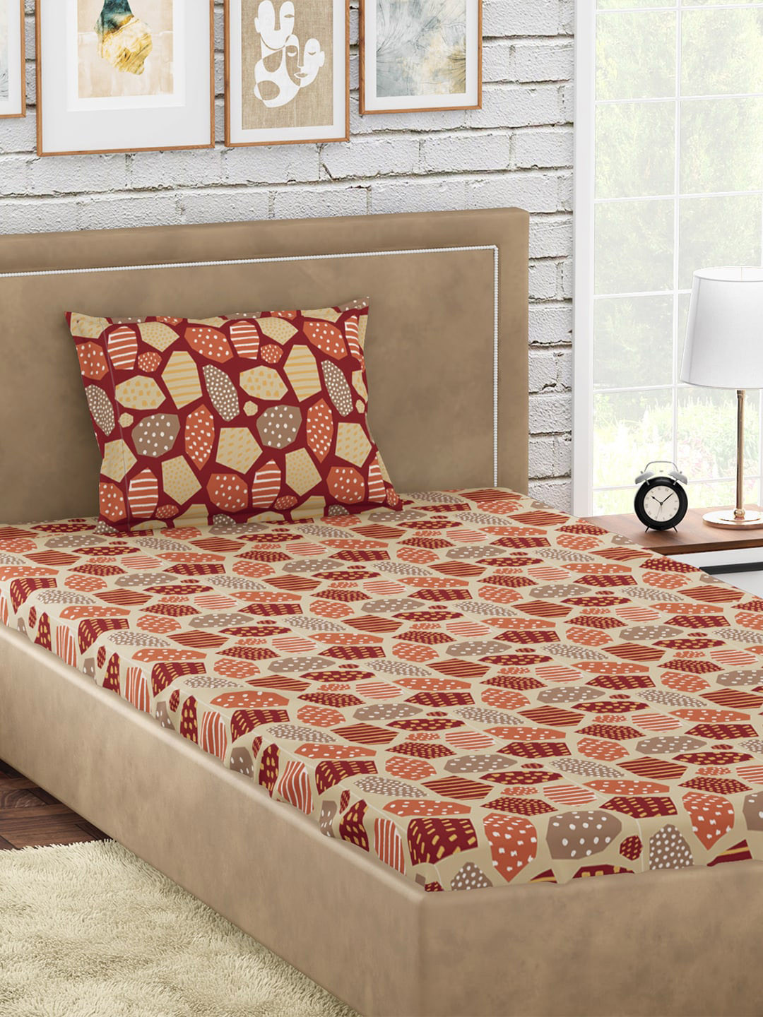 PETAL HOME Mosaic Burgundy Geometric Pure Cotton Skin-Friendly 300 TC Fitted Single Fine Bedsheet with a Pillow Cover-60 x 90 inches