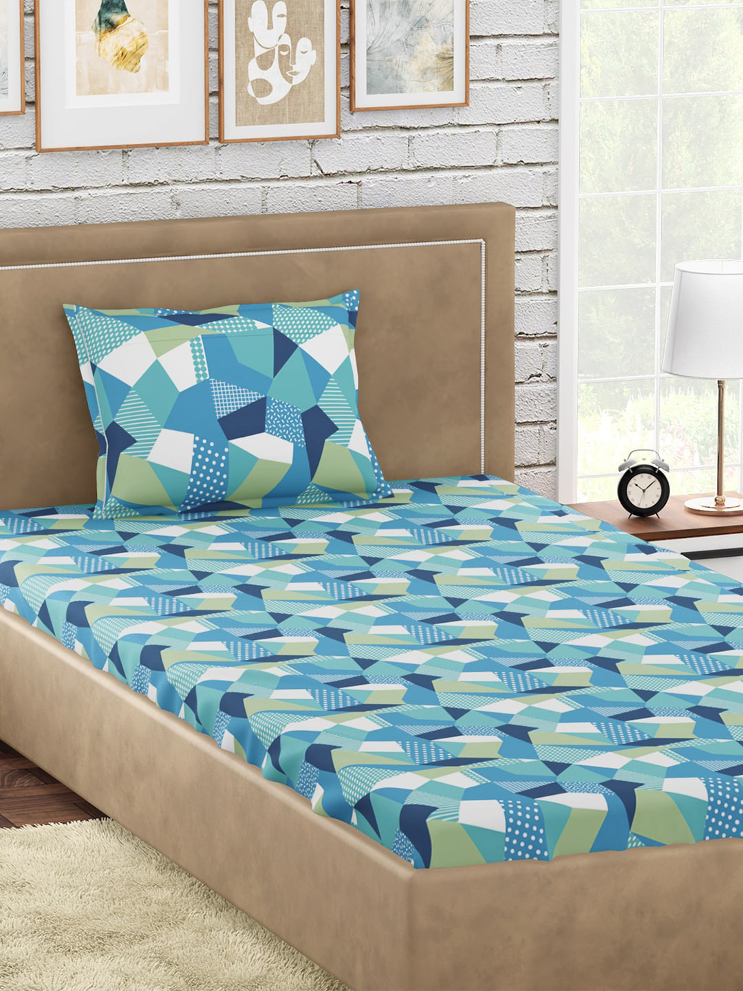 PETAL HOME Origami Blue Geometric Pure Cotton Skin-Friendly 300 TC Single Fine Bedsheet with a Pillow Cover-90 x 60 inches
