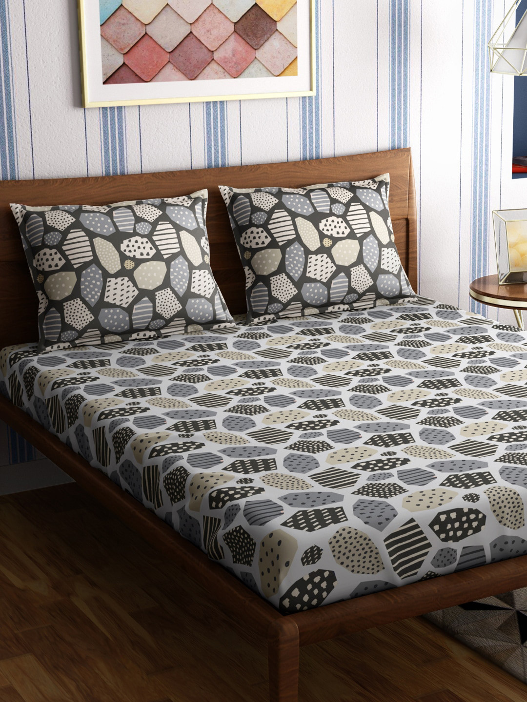 PETAL HOME Mosaic Grey Geometric Pure Cotton Skin-Friendly 300 TC Fitted King Fine Bedsheet with 2 Pillow Covers-60 x 79 inches