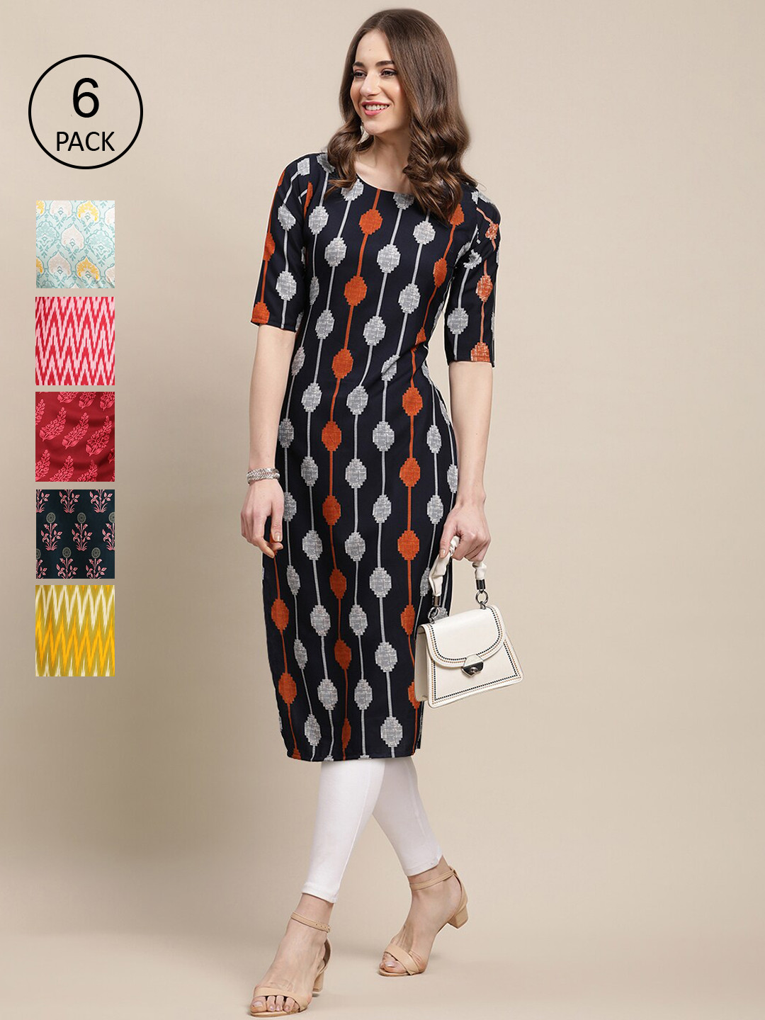 7Threads Women  Red And Black Crepe Kurta [PACK OF 6]