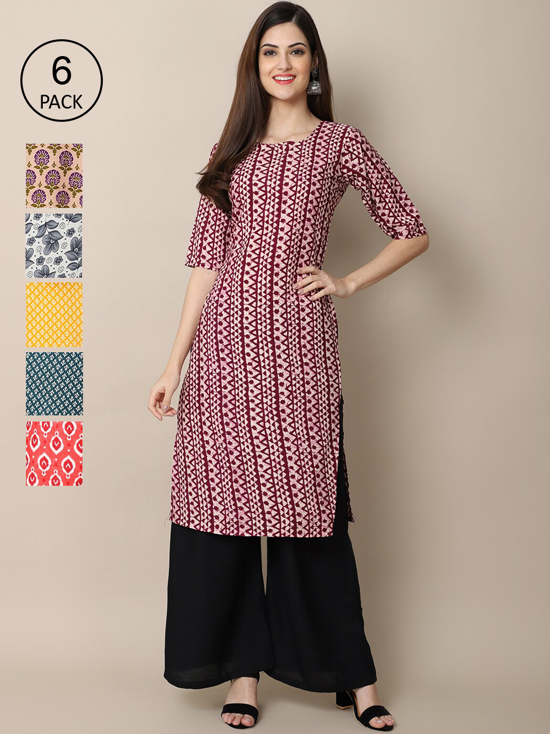 7Threads Women Red And White Crepe Kurta [PACK OF 6]