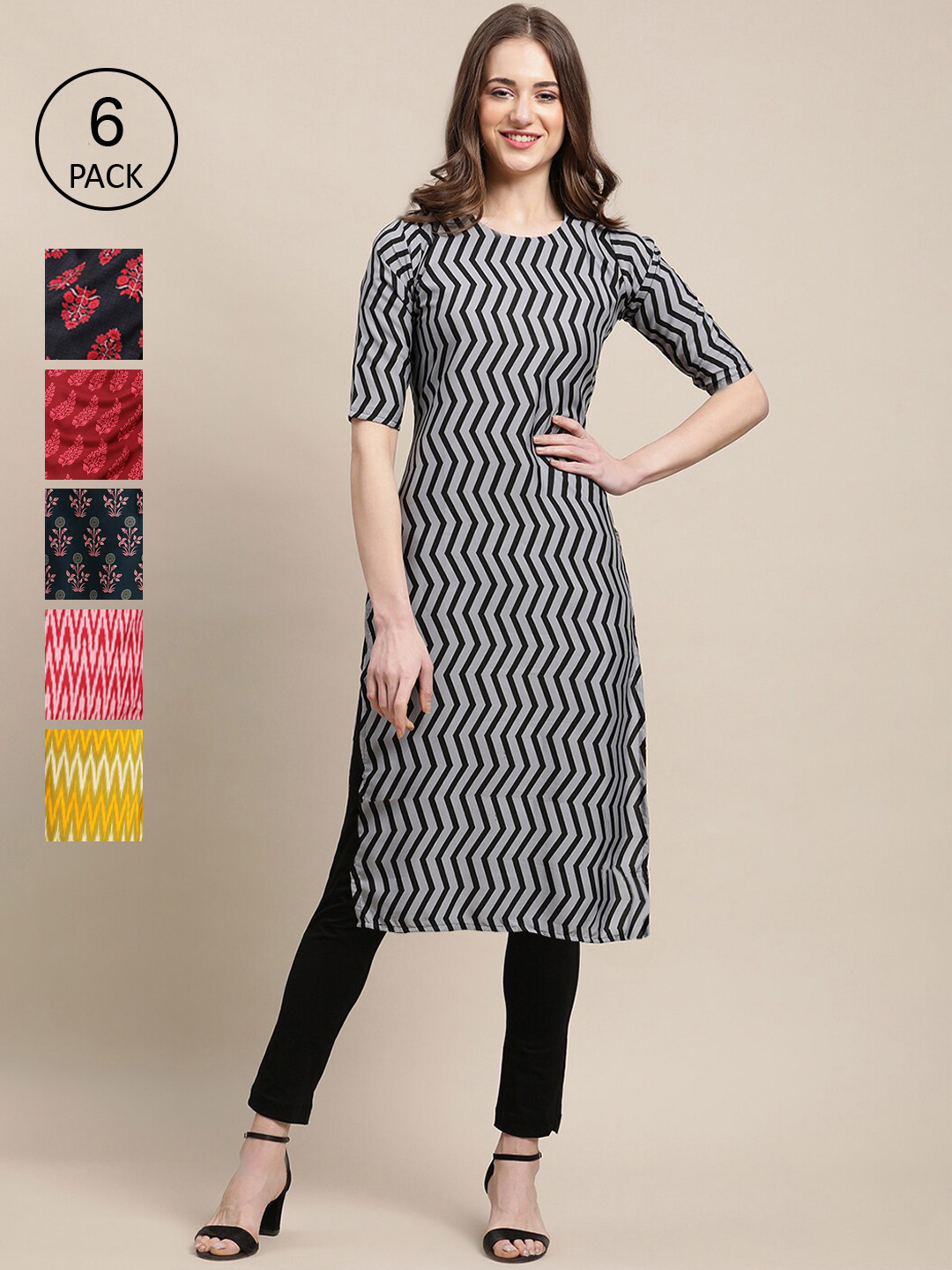 7Threads Women Magenta And Black  Geometric Thread Work Crepe Kurta [PACK OF 6]