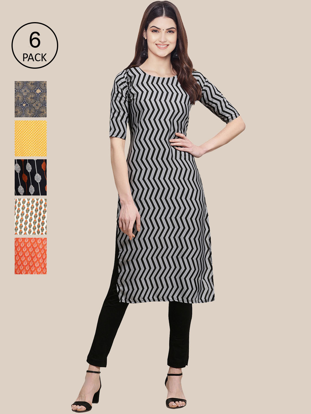 7Threads Women Black And White Crepe Kurta [PACK OF 6]