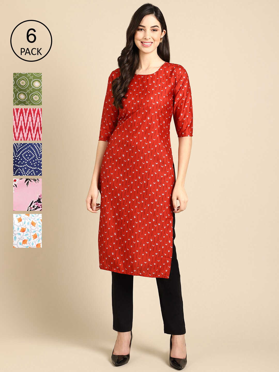 7Threads Women Red And Gold Work Crepe Kurta [PACK OF 6]