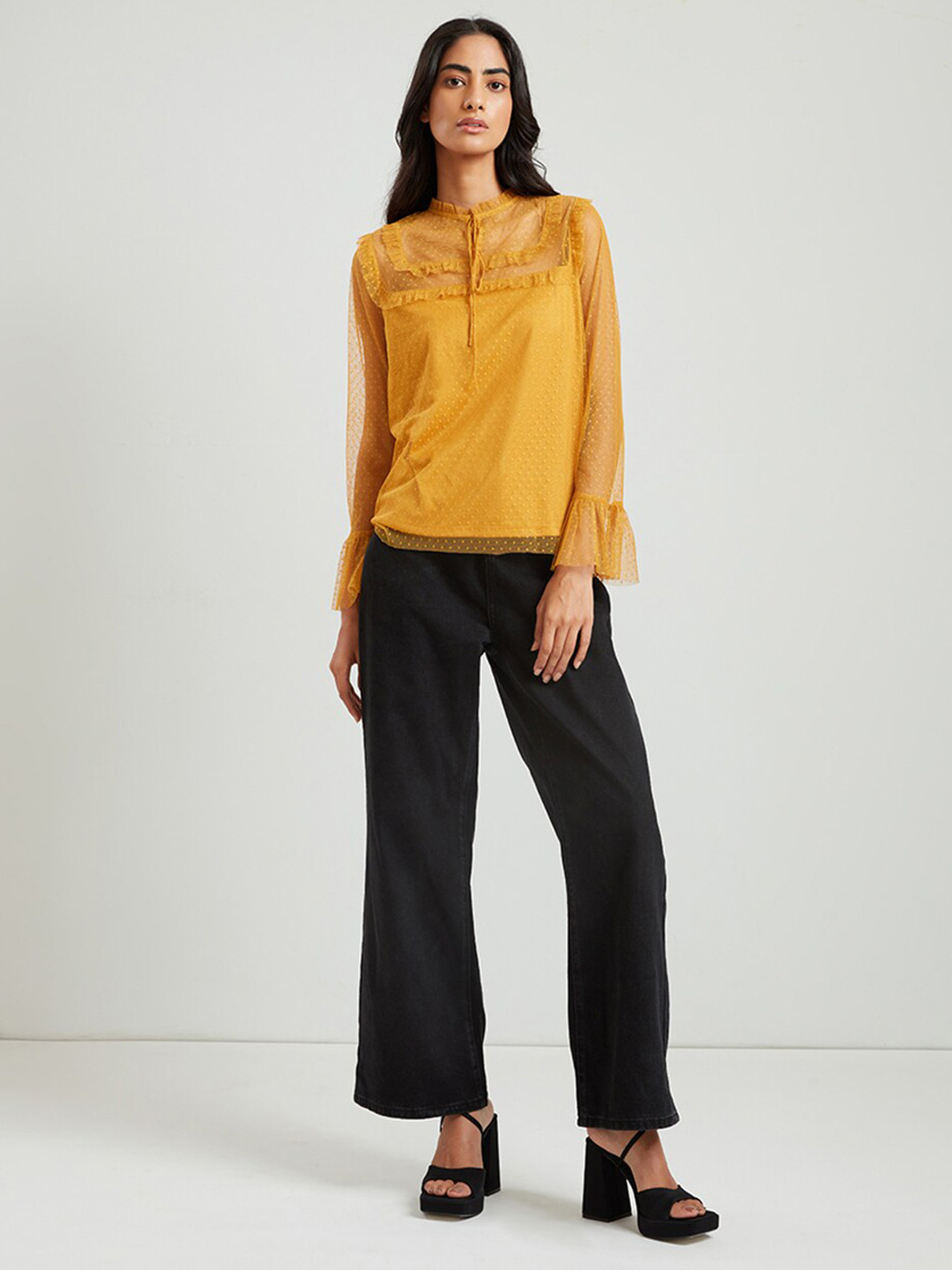 COVER STORY Women Yellow Tie-Up Neck Top