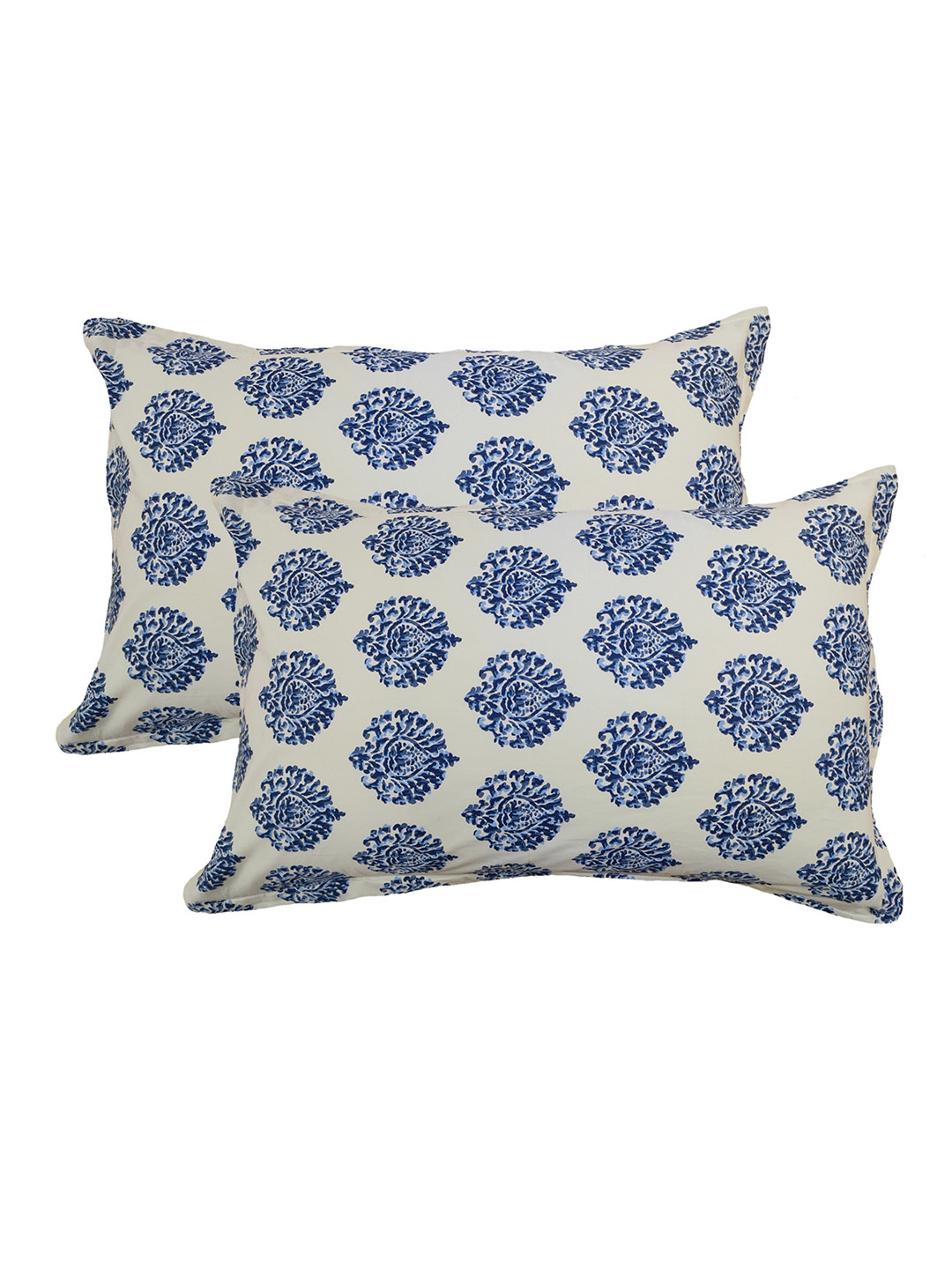Trance Home Linen Pack Of 2 Blue & Off-White Printed Pure Cotton 200 TC Pillow Covers