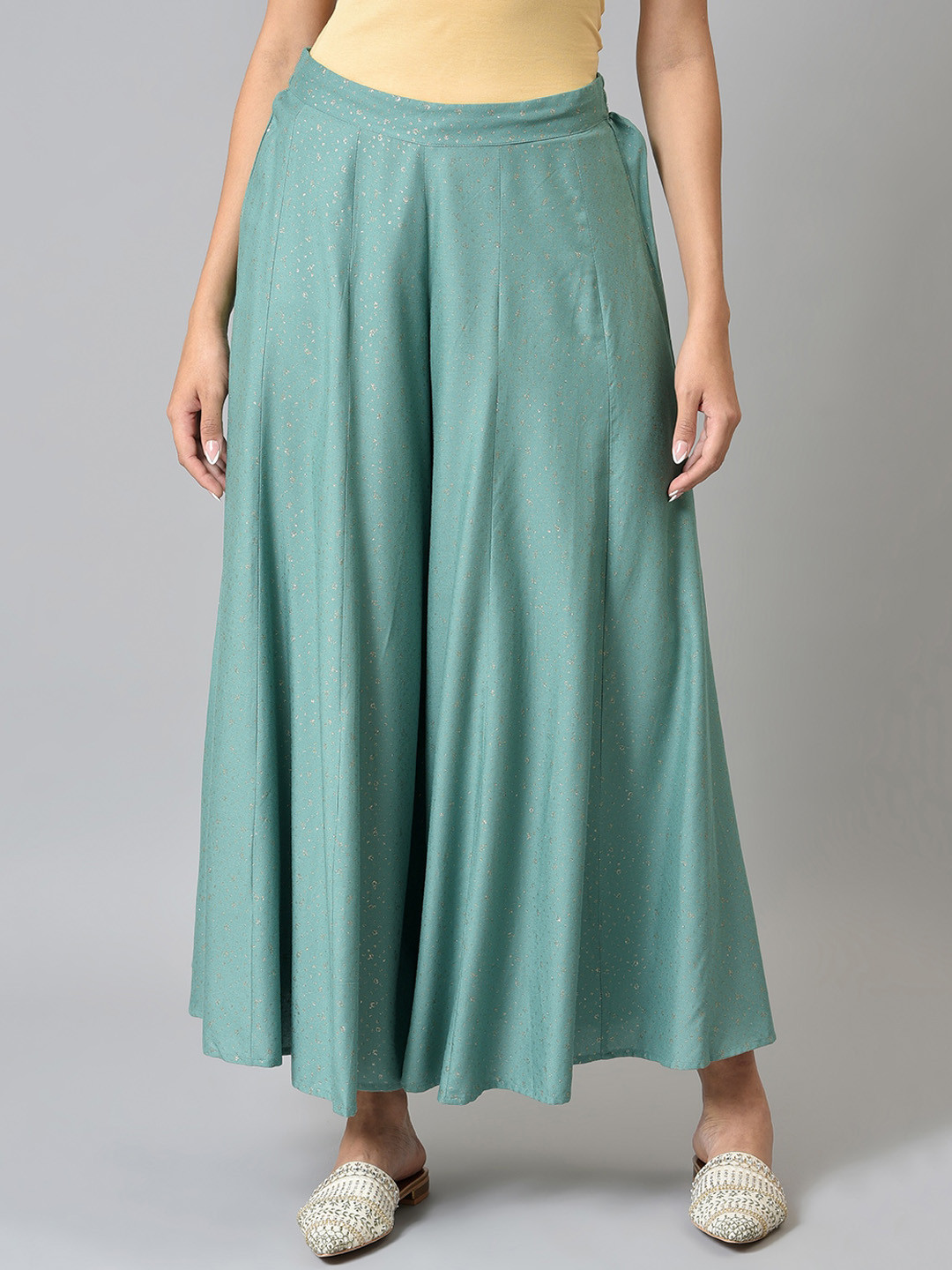 W Women Sea Green Flared Ethnic Palazzos