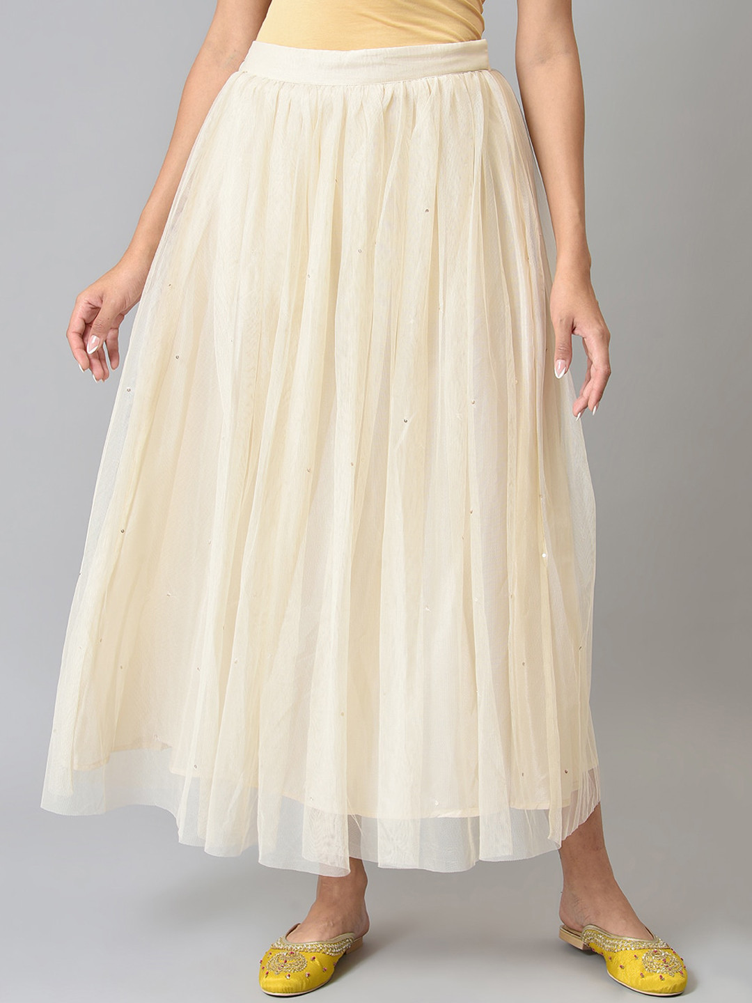 W Women Cream Solid Flared Maxi Skirt