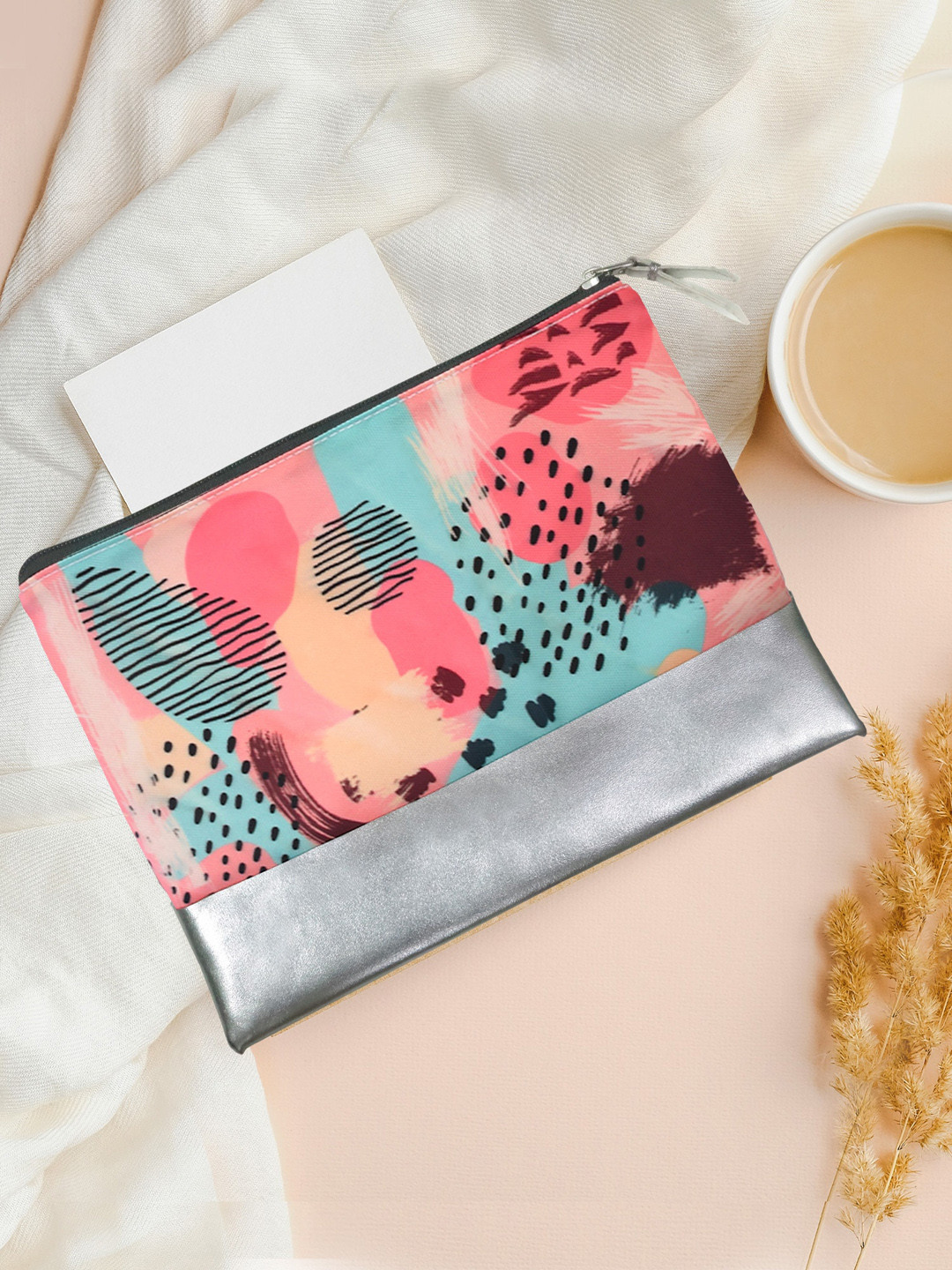 Doodle Silver-Toned Floral Printed Structured Pouch