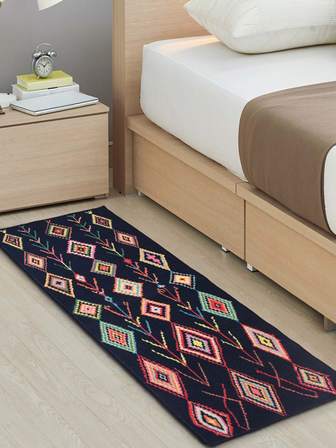 URBAN SPACE Navy Blue Bohemian Printed Rectangular Anti-Skid Carpets