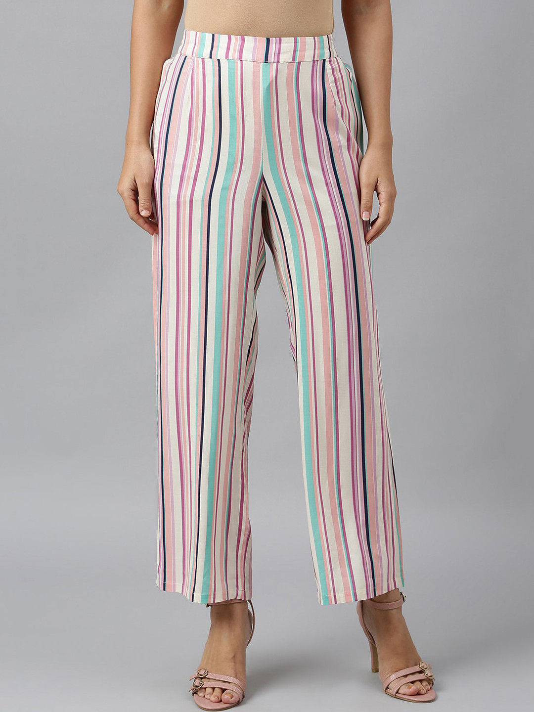 W Women Cream-Colored Striped Pleated Trouser