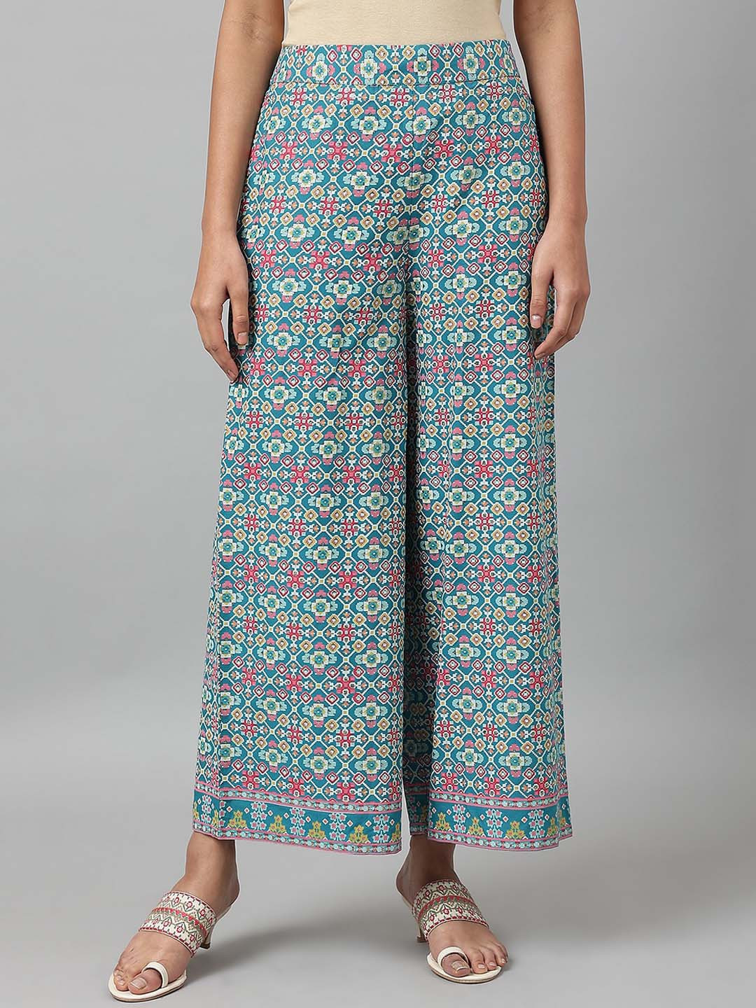 W Women Blue & Red Printed Flared Ethnic Palazzo