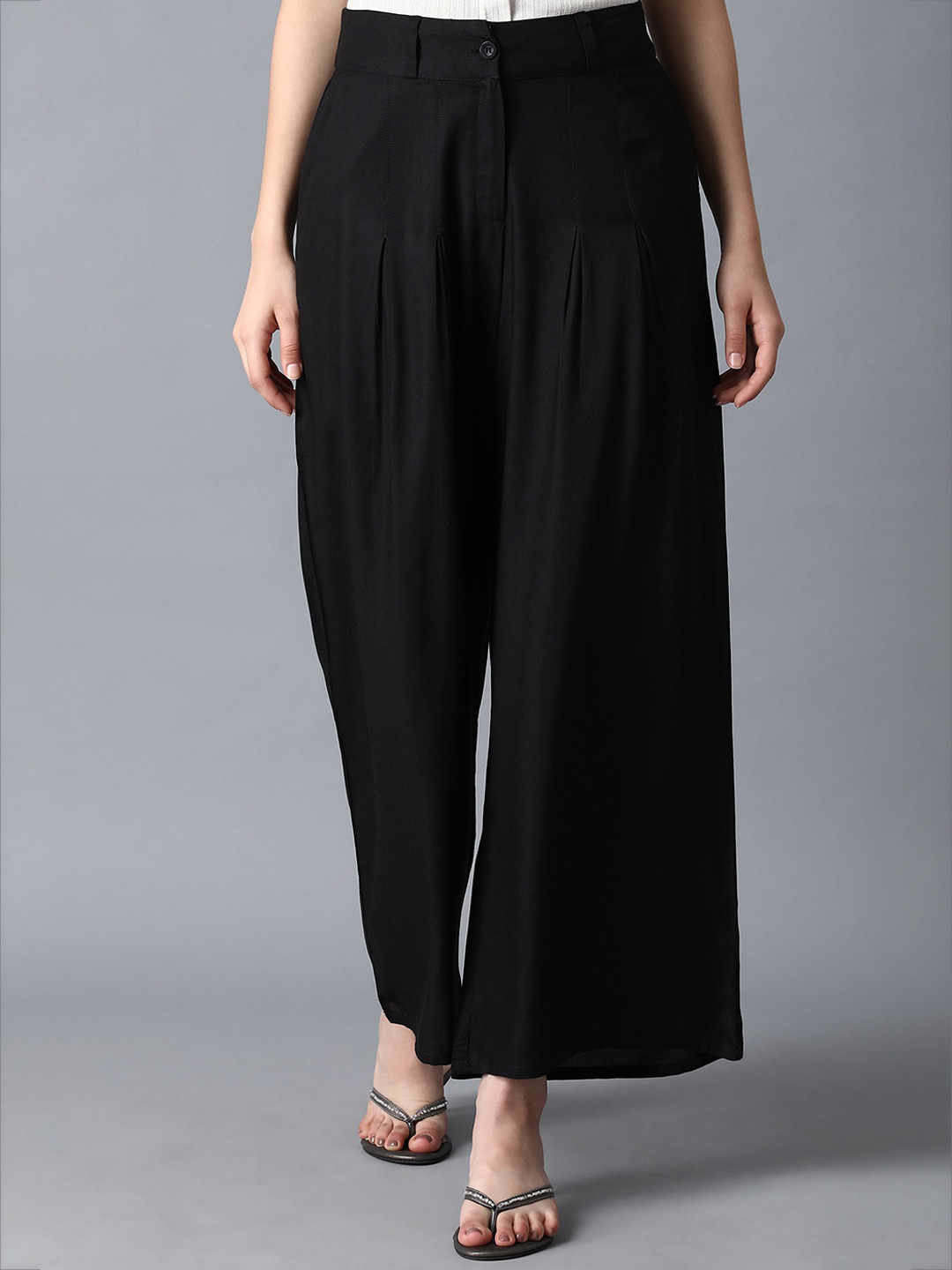 W Women Black Pleated Wide Leg Trousers