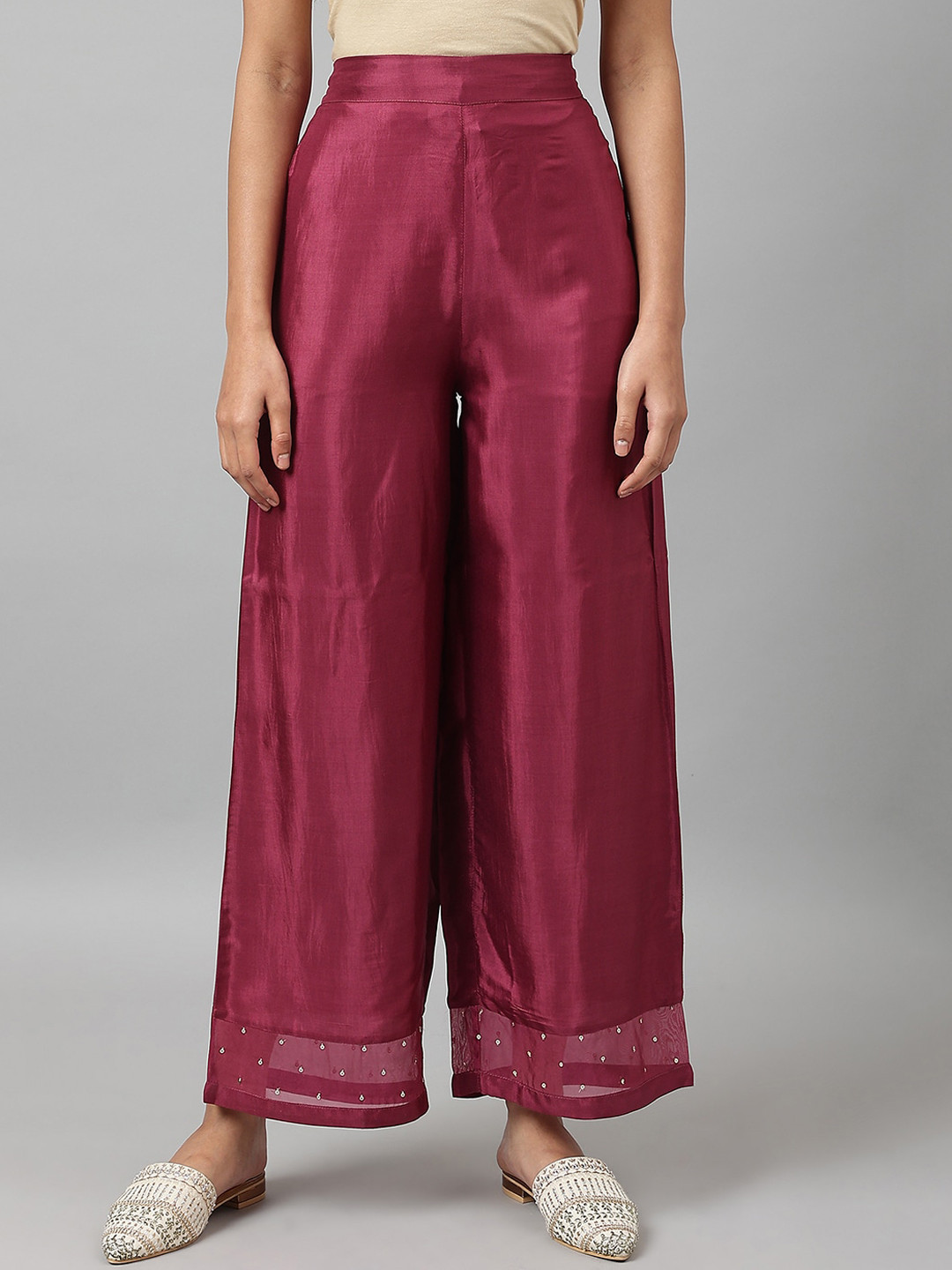 W Women Purple Ethnic Motifs Hem Design Ethnic Palazzos