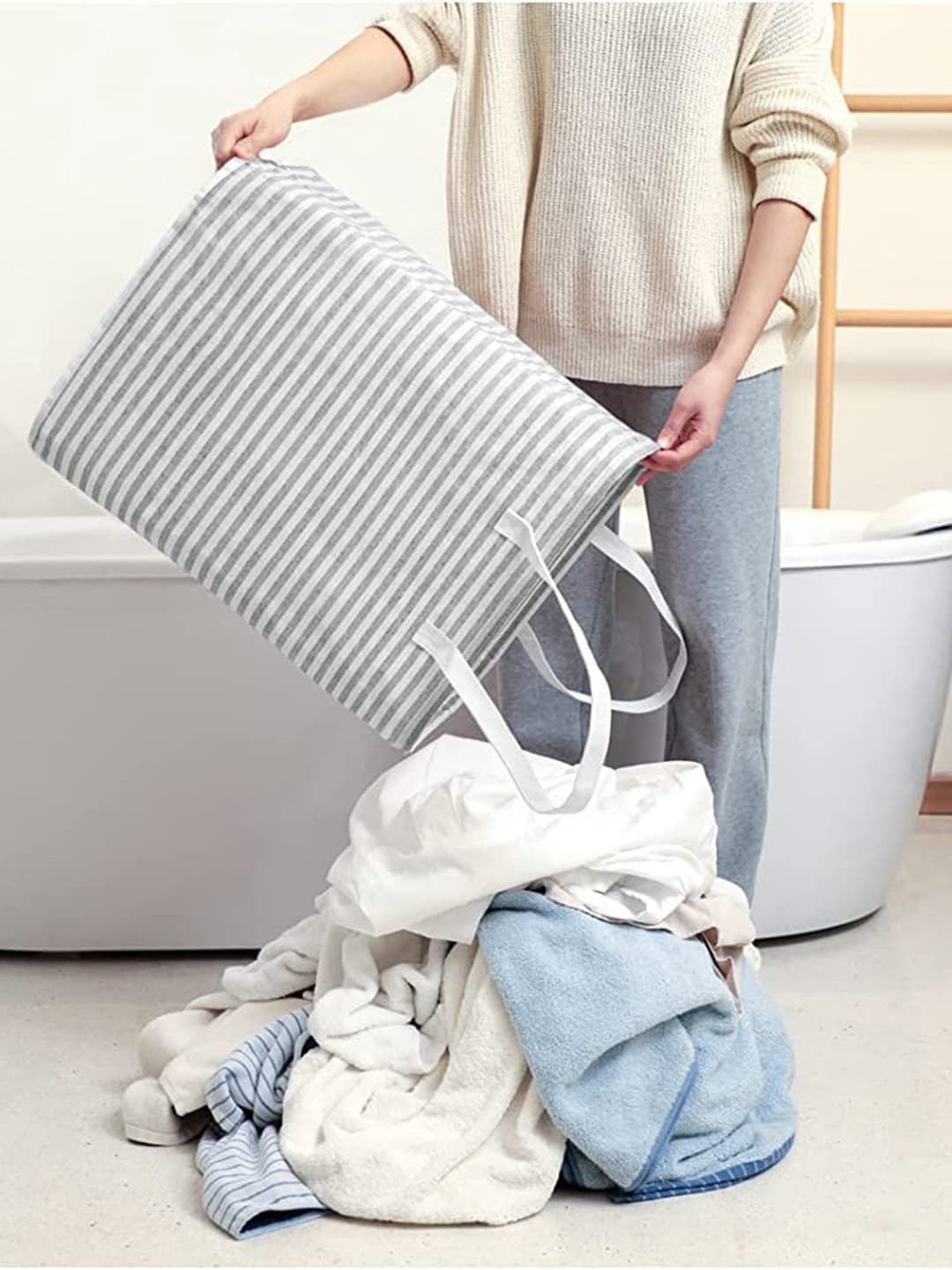 HOUSE OF QUIRK Grey & White Striped 60L Collapsible Large Freestanding Laundry Storage Baskets