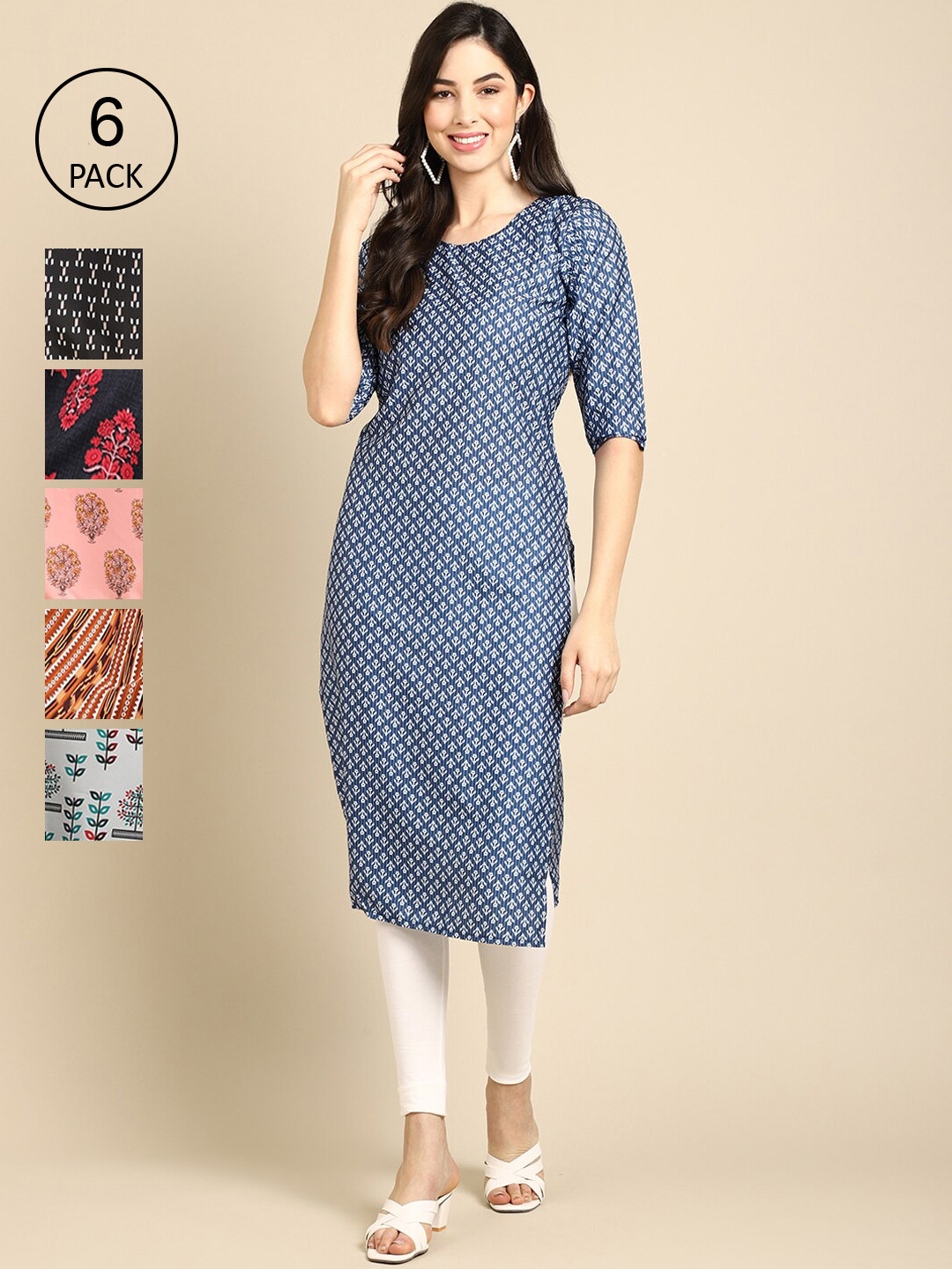 7Threads Women Blue And White Summer Sheers Crepe Kurta [PACK OF 6]