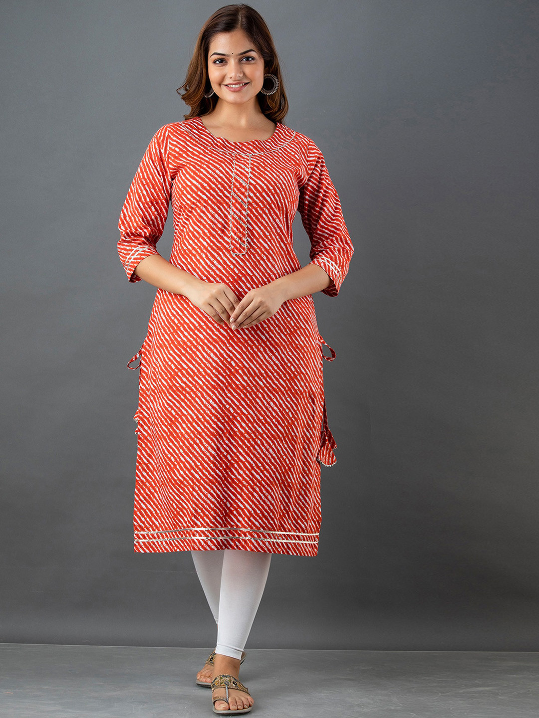 Lee Moda Women Orange & White Leheriya Printed Indie Prints Kurta