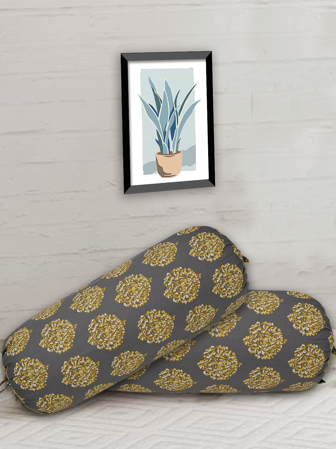 Trance Home Linen Set Of 2 Mustard-Yellow Printed Cotton Bolster Covers