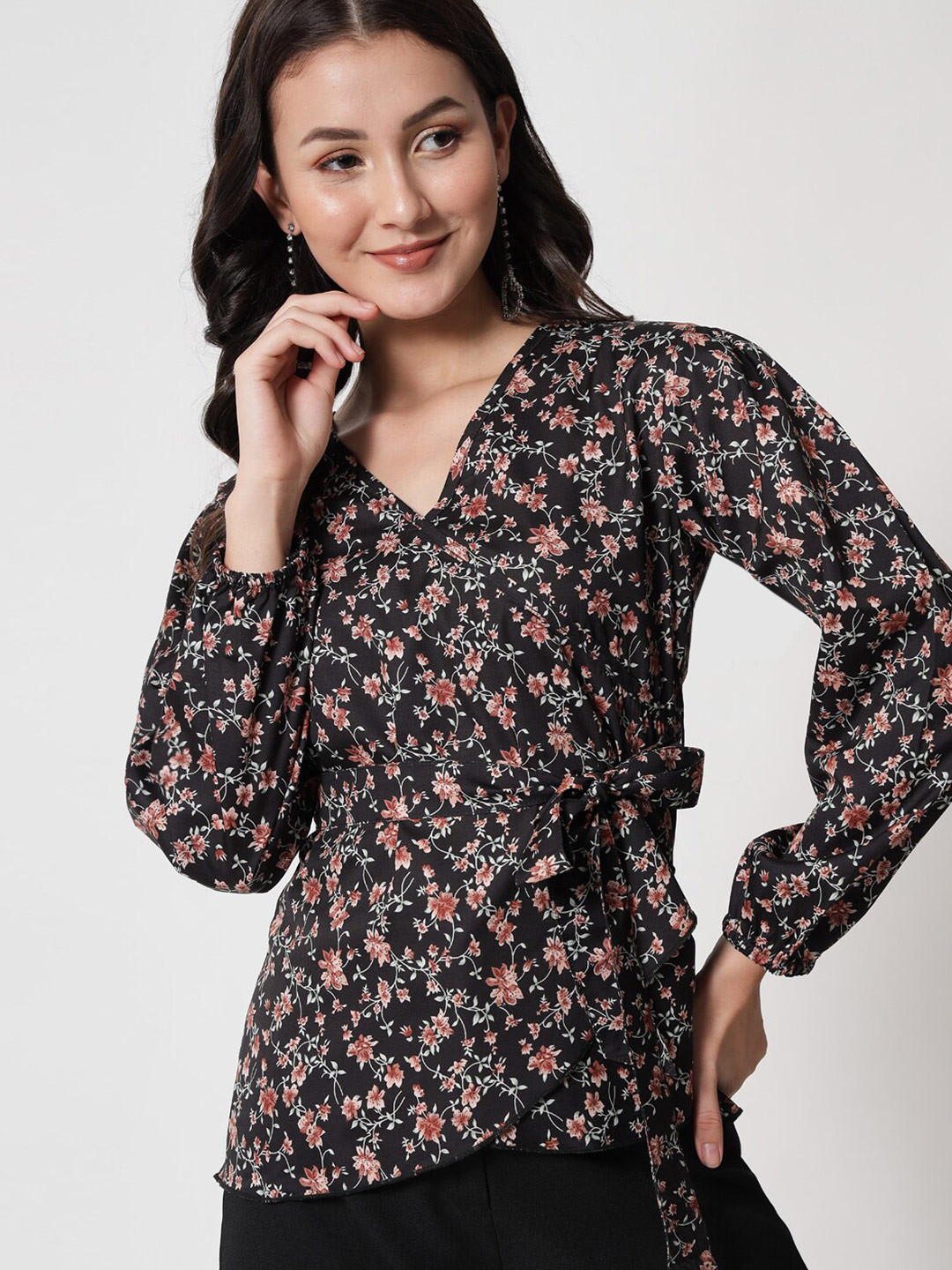 Kotty Black & Pink Floral Print Crepe Wrap Top