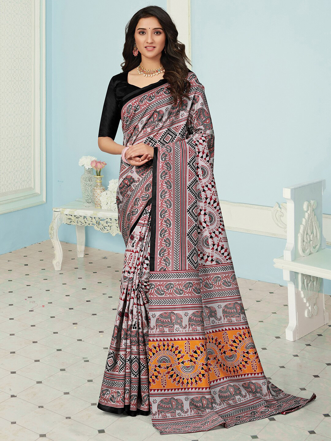 Mitera Grey & Orange Warli Art Silk Sambalpuri Saree