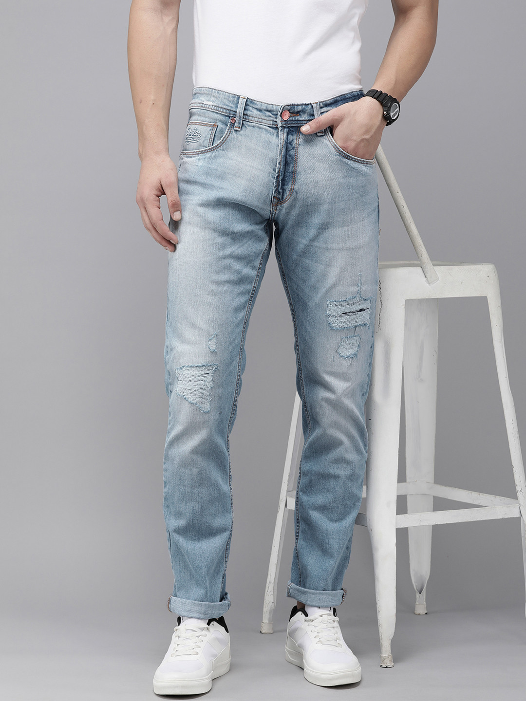 SPYKAR Men Ricardo Comfort Fit Mid-Rise Highly Distressed Heavy Fade Stretchable Jeans