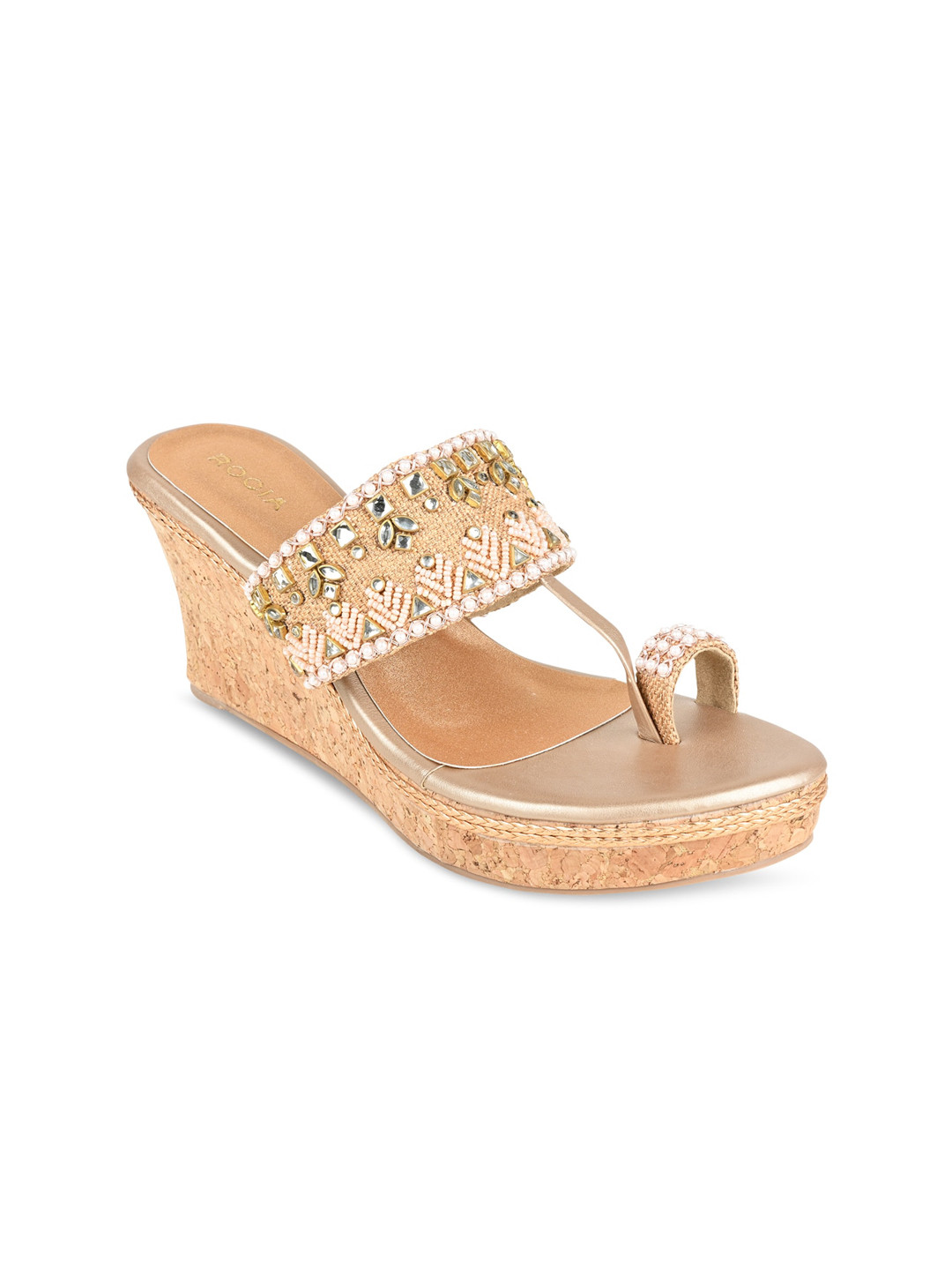 Rocia Rose Gold Embellished Ethnic Wedge Heels