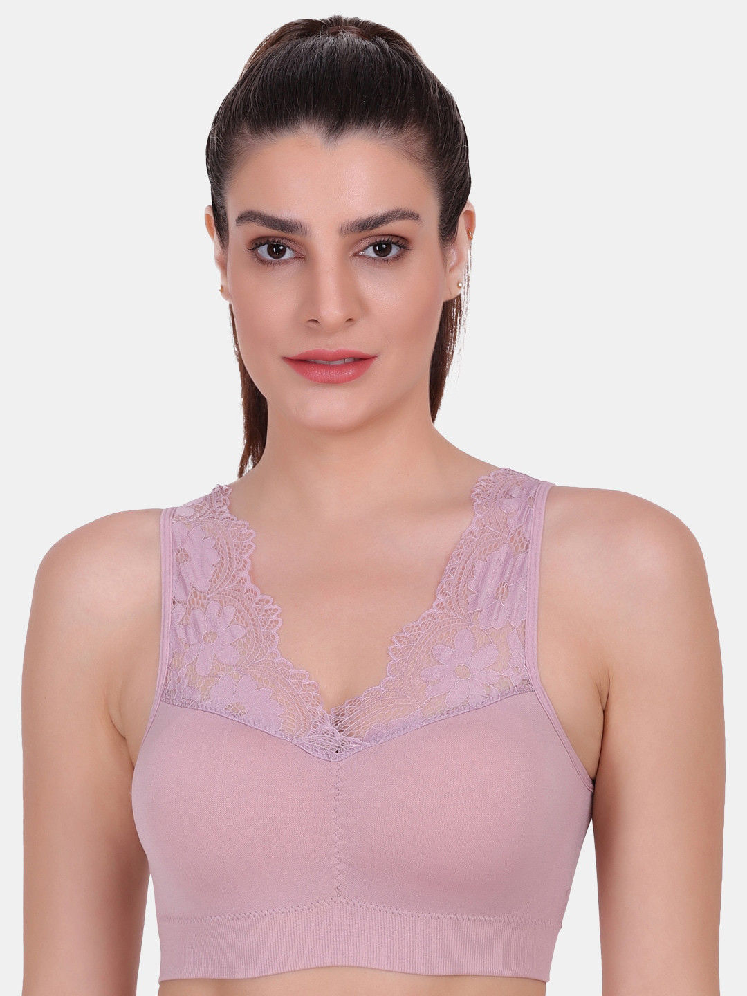 Amour Secret Women Pink Padded Seamless Lace Dry Fit Sports Bra