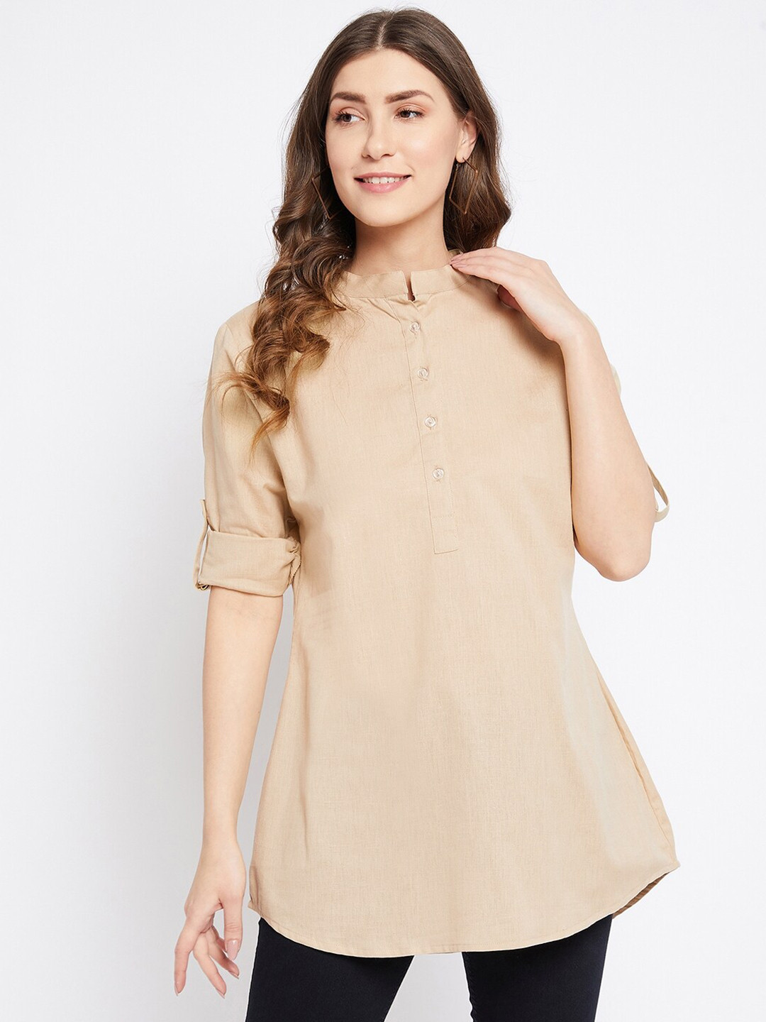 Bitterlime Women Brown Solid Cotton Mandarin Collar Tunic