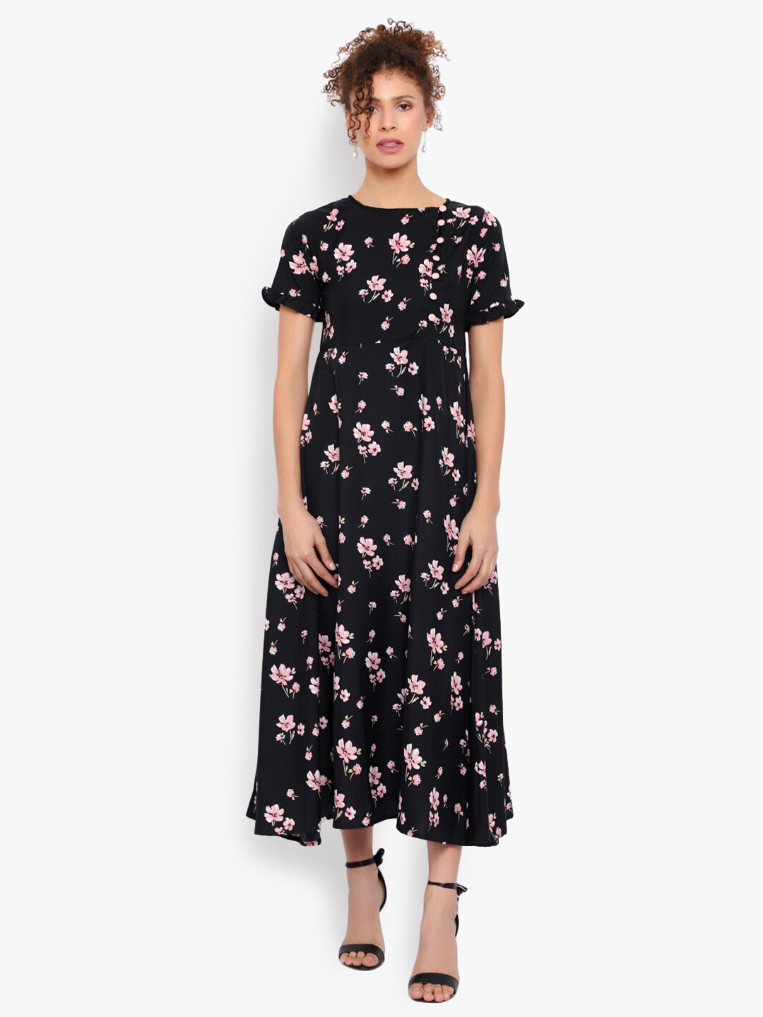 Indietoga Black Floral Printed Fit and Flare Long Maxi Dress