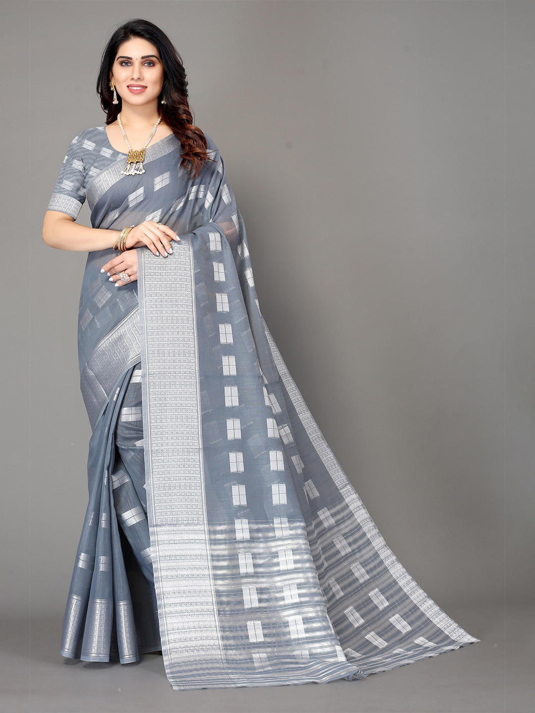 Winza Designer Grey & Silver-Toned Ethnic Motifs Zari Silk Blend Banarasi Saree