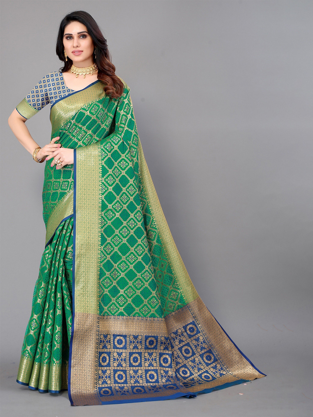 Winza Designer Green & Blue Ethnic Motifs Zari Silk Blend Banarasi Saree