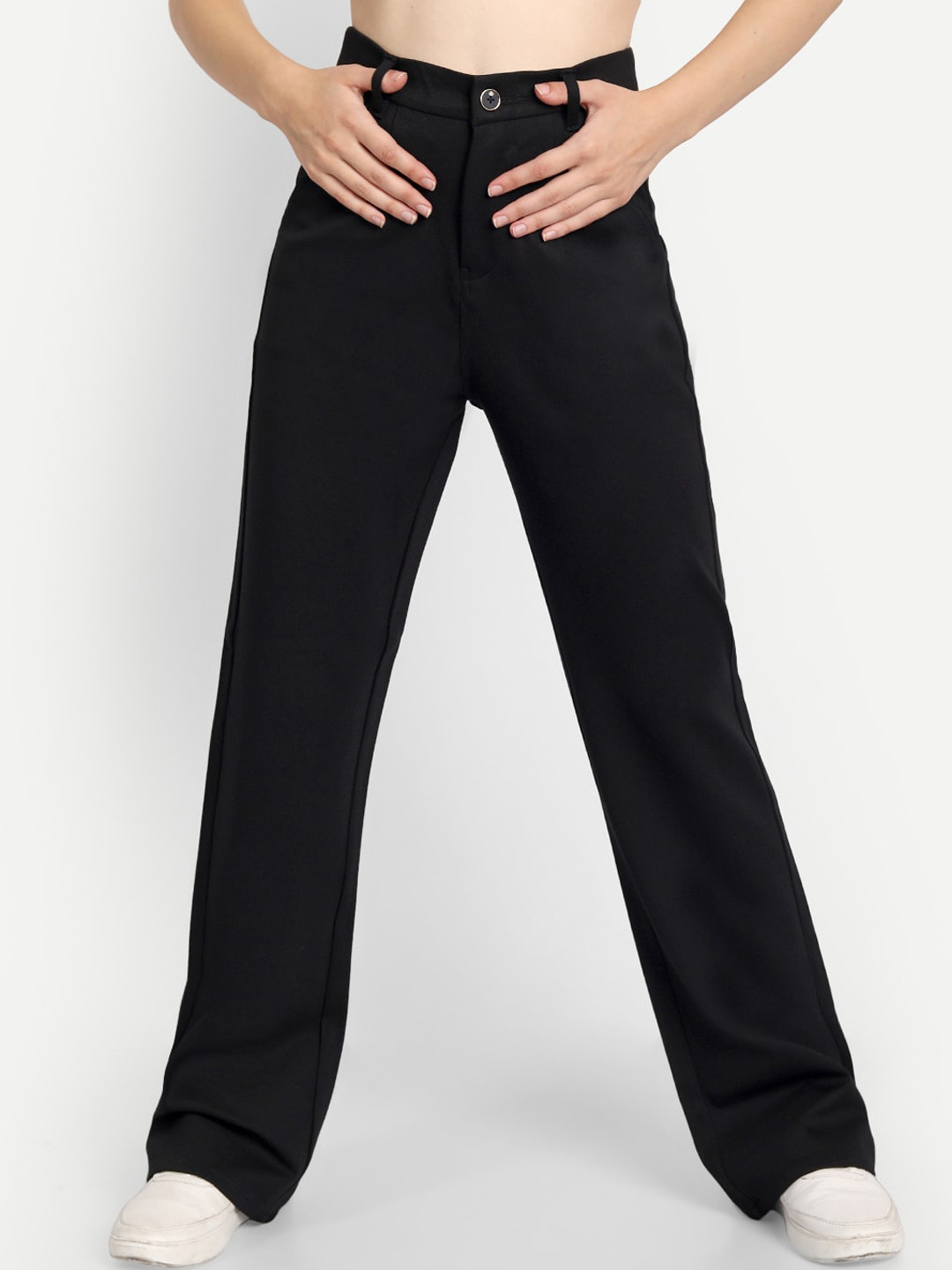 BROADSTAR Women Black Relaxed Straight Leg Loose Fit High-Rise Easy Wash Chinos Trousers
