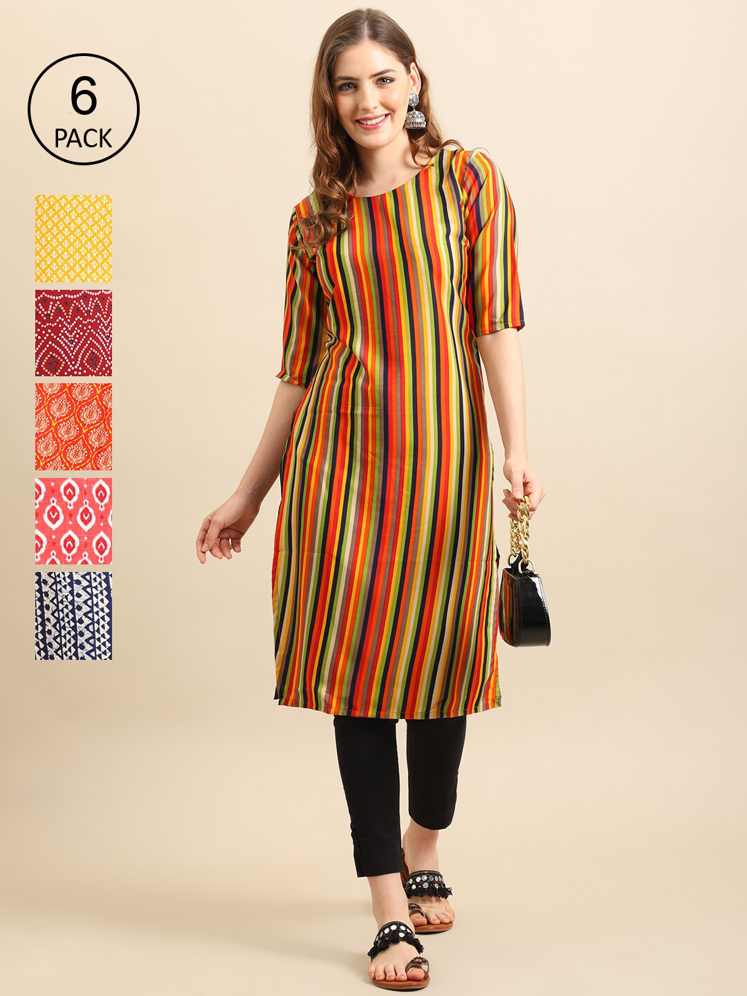 7Threads Women Pack of 6 Yellow & Coral Ethnic Motifs Printed Block Print Crepe Kurta