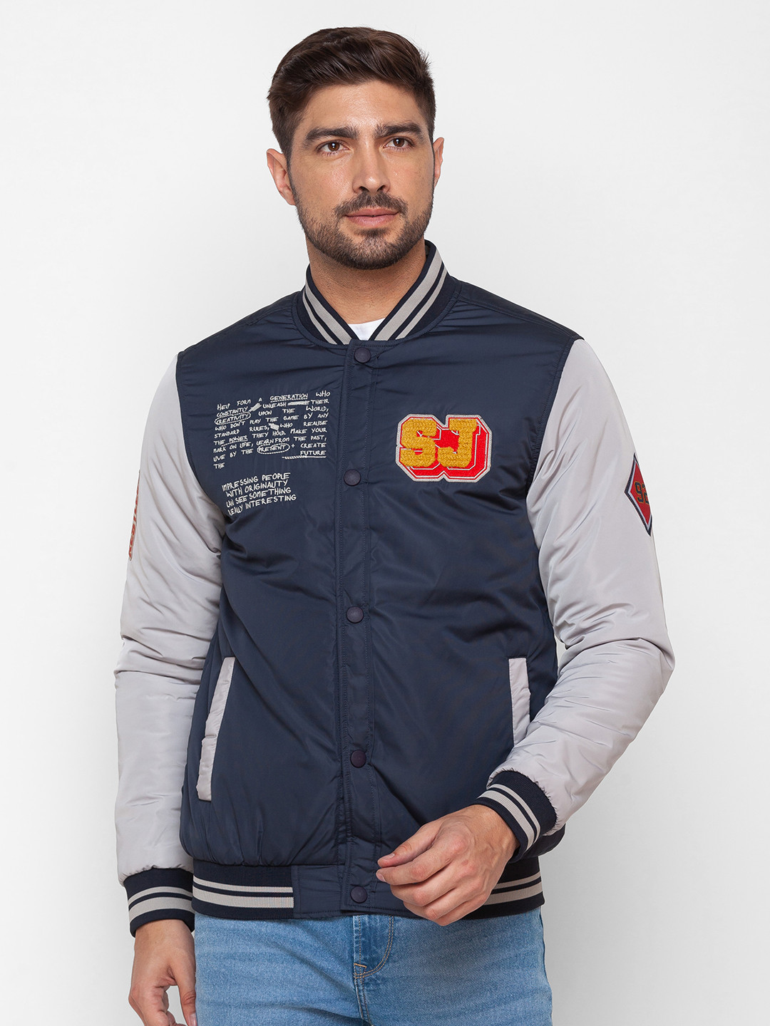 SPYKAR Typography Printed Stand-Collar Bomber Jacket