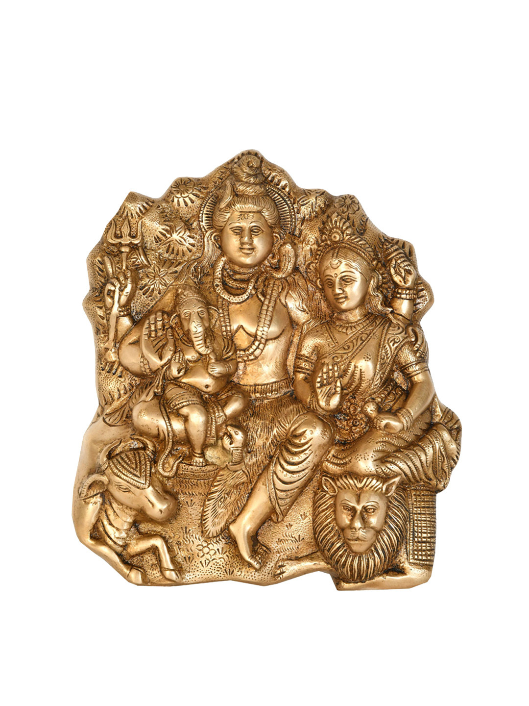 Exotic India Shiva Family with Nandi and Lion Brass Glossy Spiritual Wall Decor-9.1In