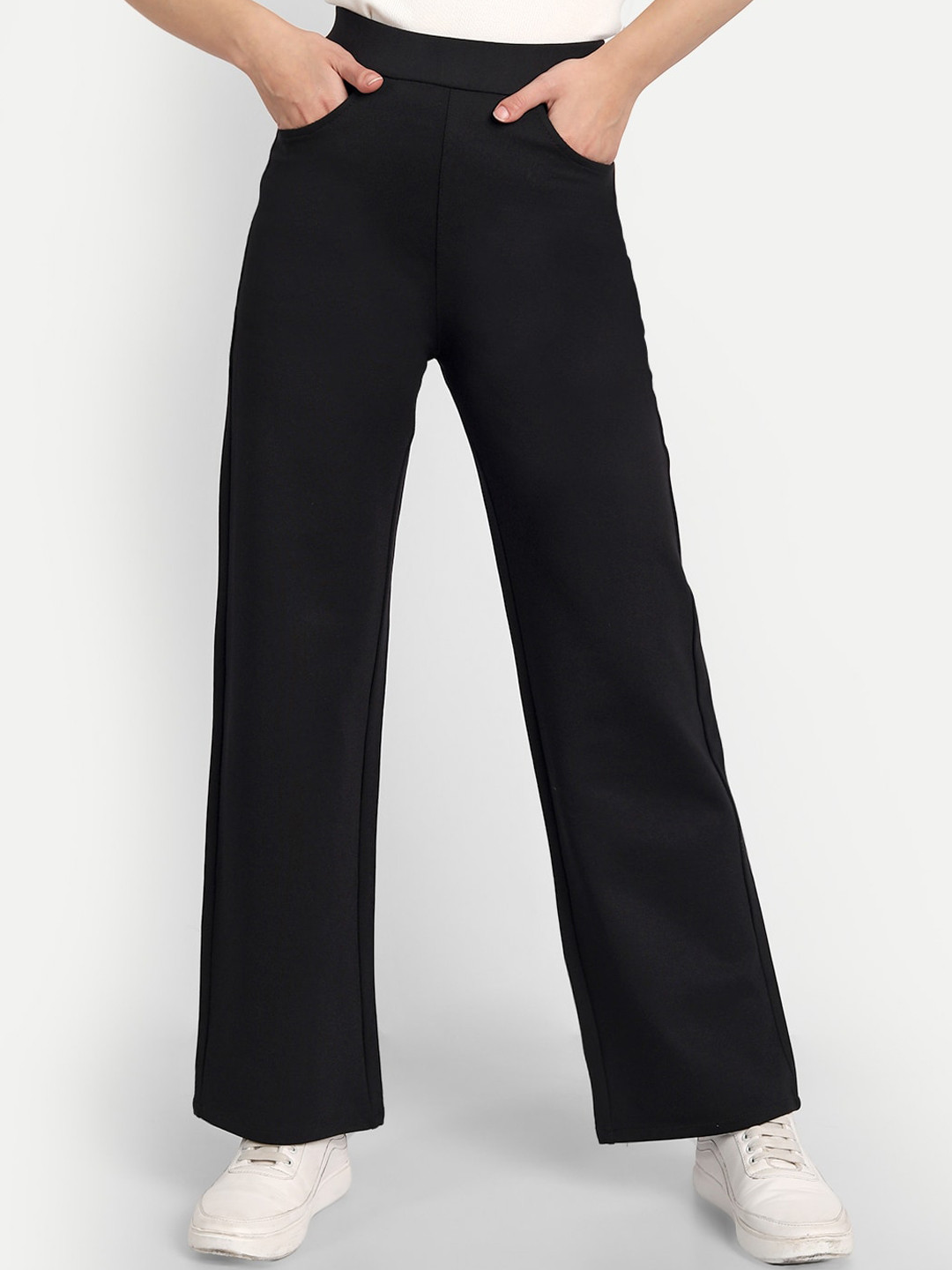 BROADSTAR Women Black Solid Relaxed Straight Leg Loose Fit High-Rise Easy Wash Trousers