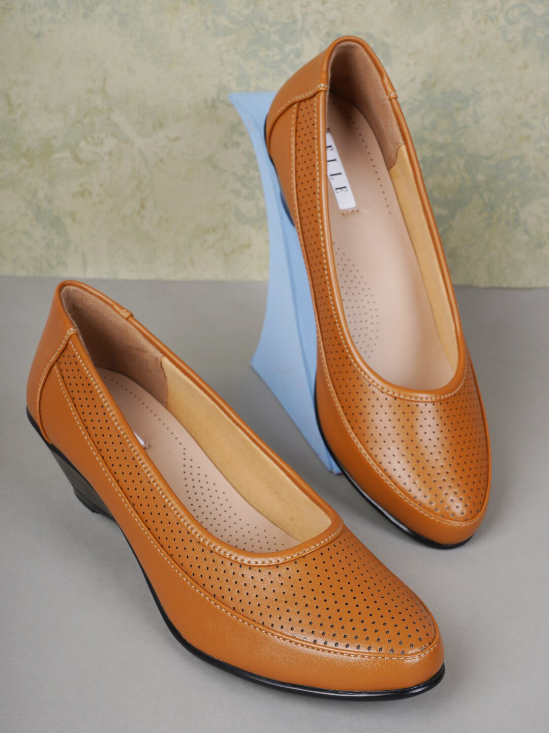 ELLE Women Camel Brown Laser Cuts Wedge Pumps