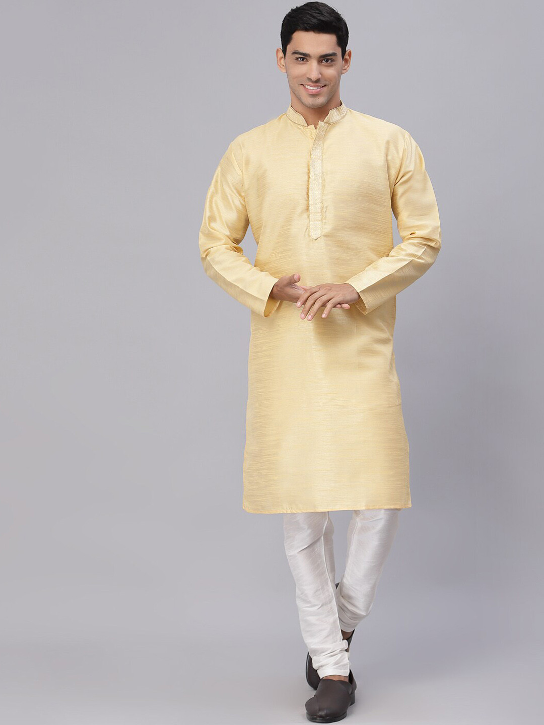 NEUDIS Men Beige Thread Work Grandeur & Majestic Artwork Jacquard Pathani Kurta