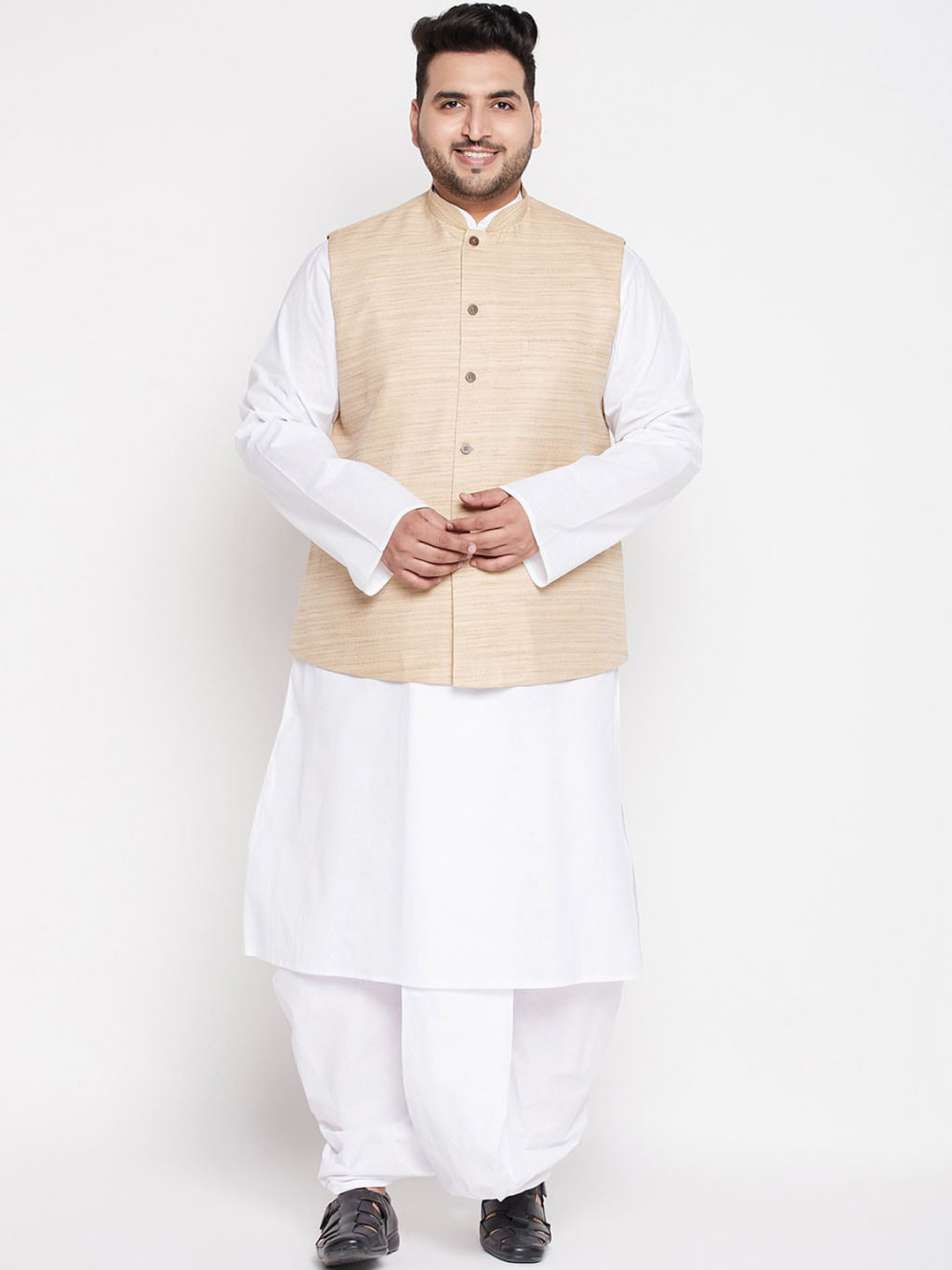 VASTRAMAY Men Plus Size White Pure Cotton Kurta with Dhoti Pants