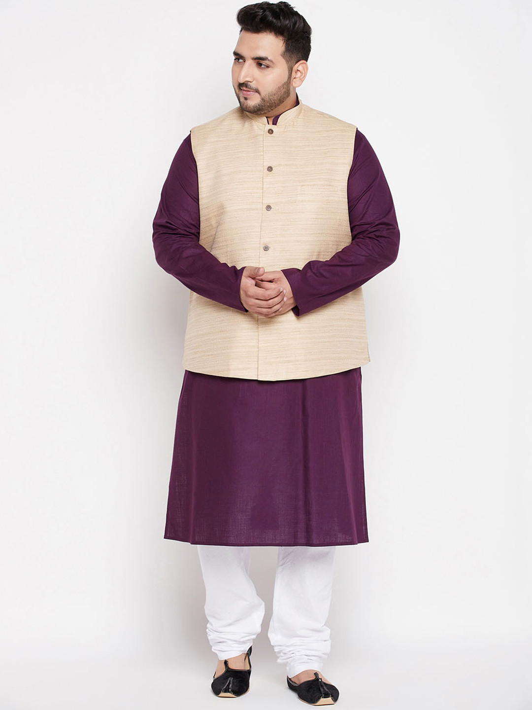 VASTRAMAY Size Men Purple Kurta with Churidar & With Nehru Jacket