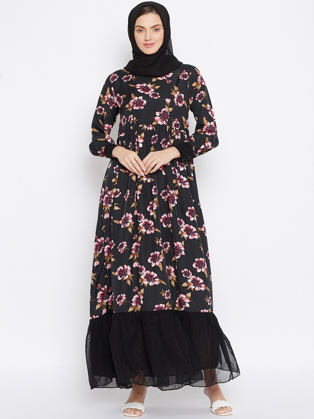 NABIA Women Black Printed Abaya Burqa